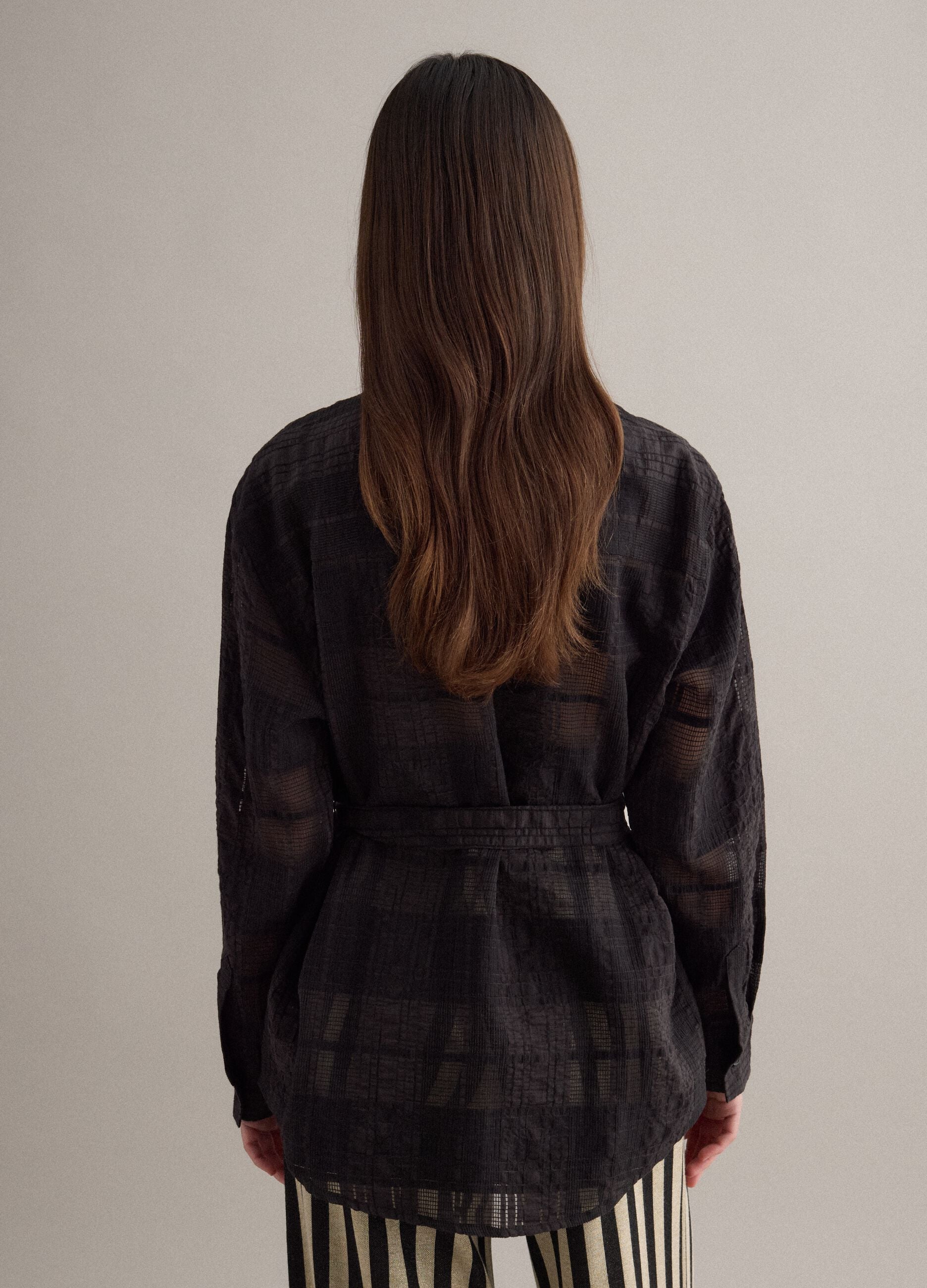 Black viscose blend oversized fit check semi-transparent shirt