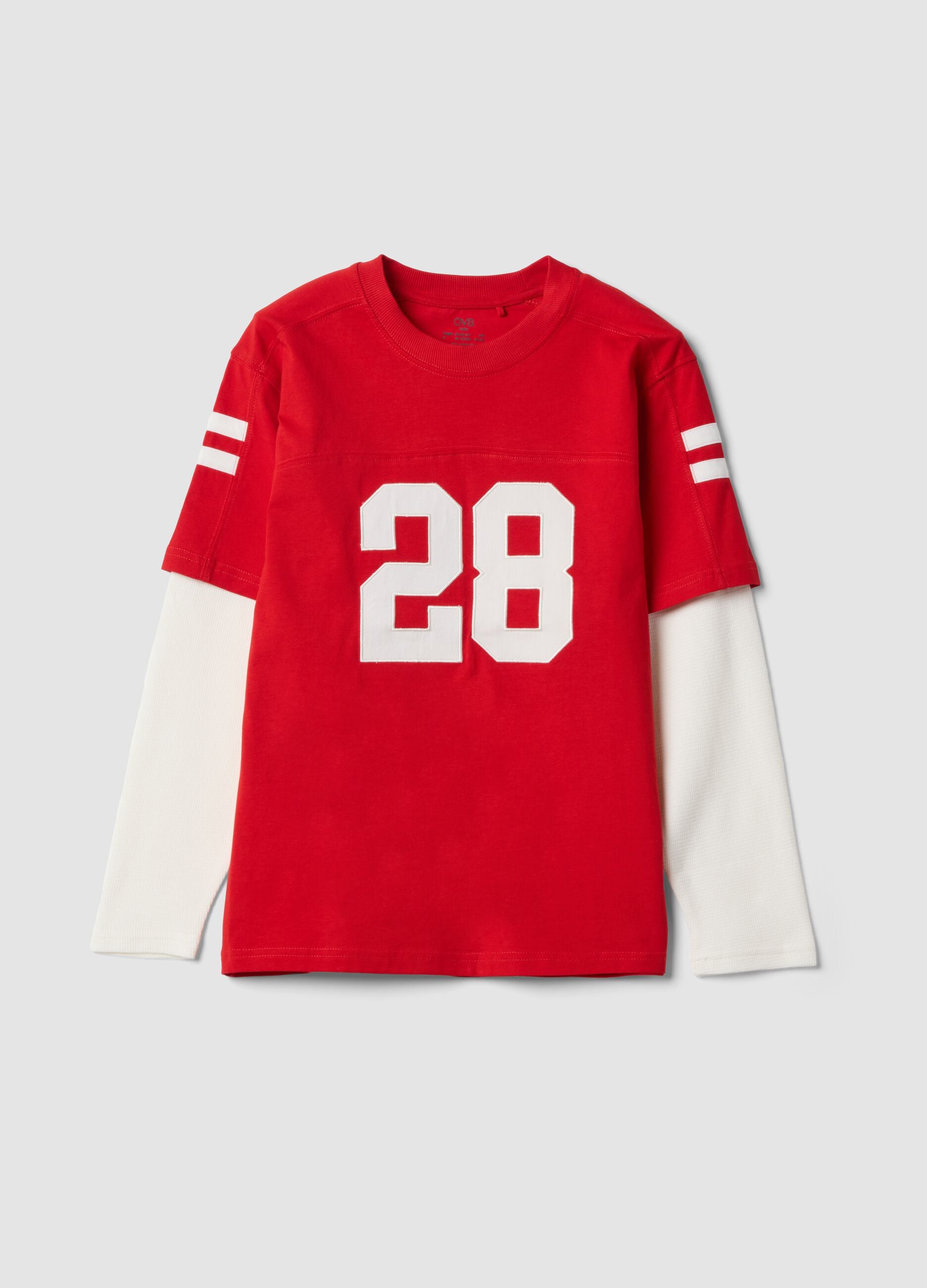 T-shirt rossa in puro cotone con girocollo e stampa college per ragazzo