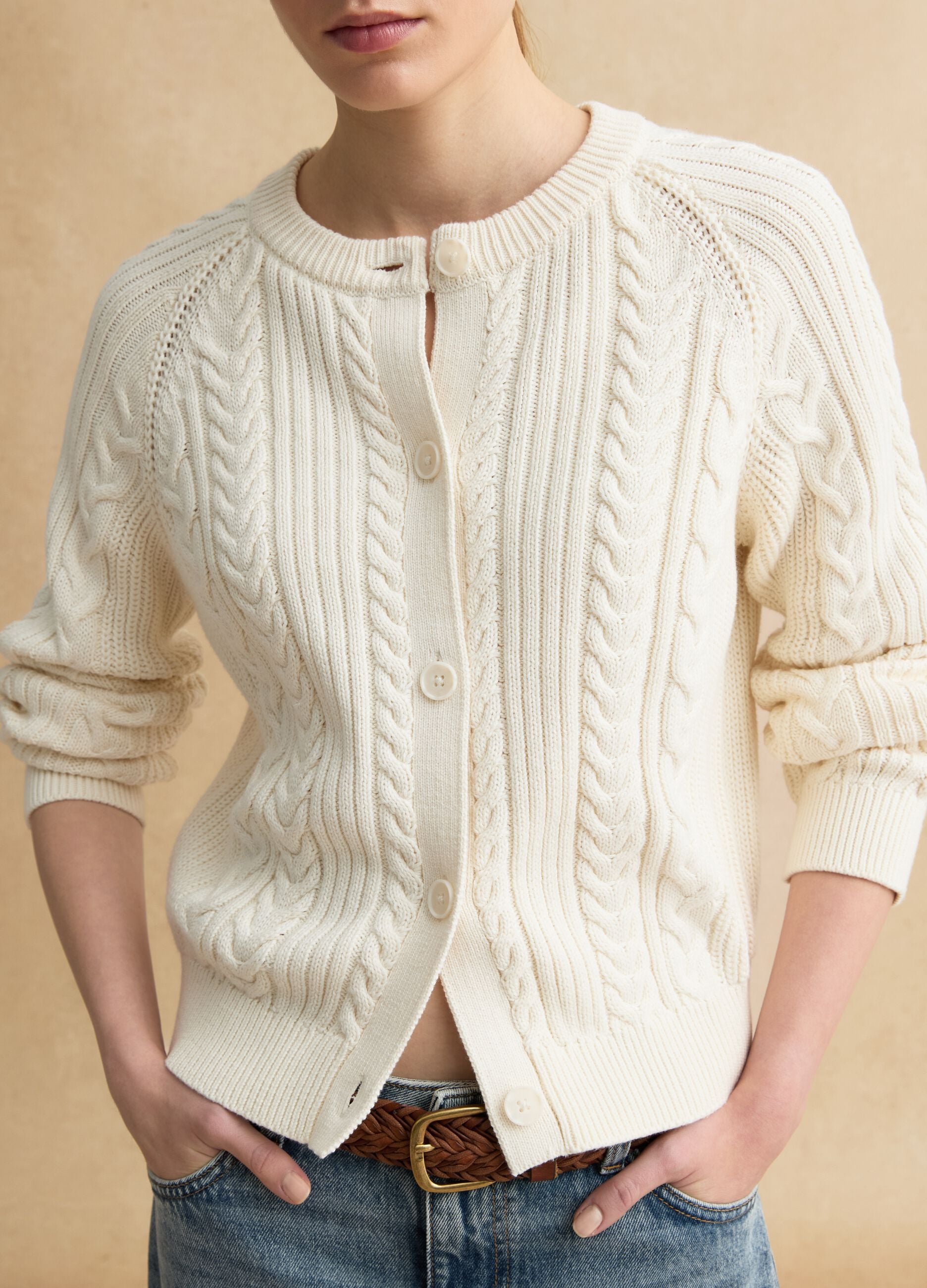 White pure cotton cardigan regular fit with interwoven design