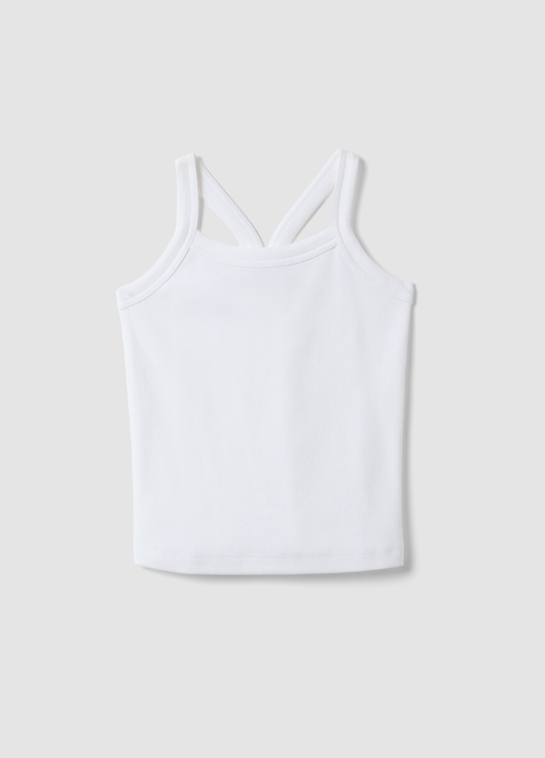 Girls' fitted white ribbed stretch cotton tank top