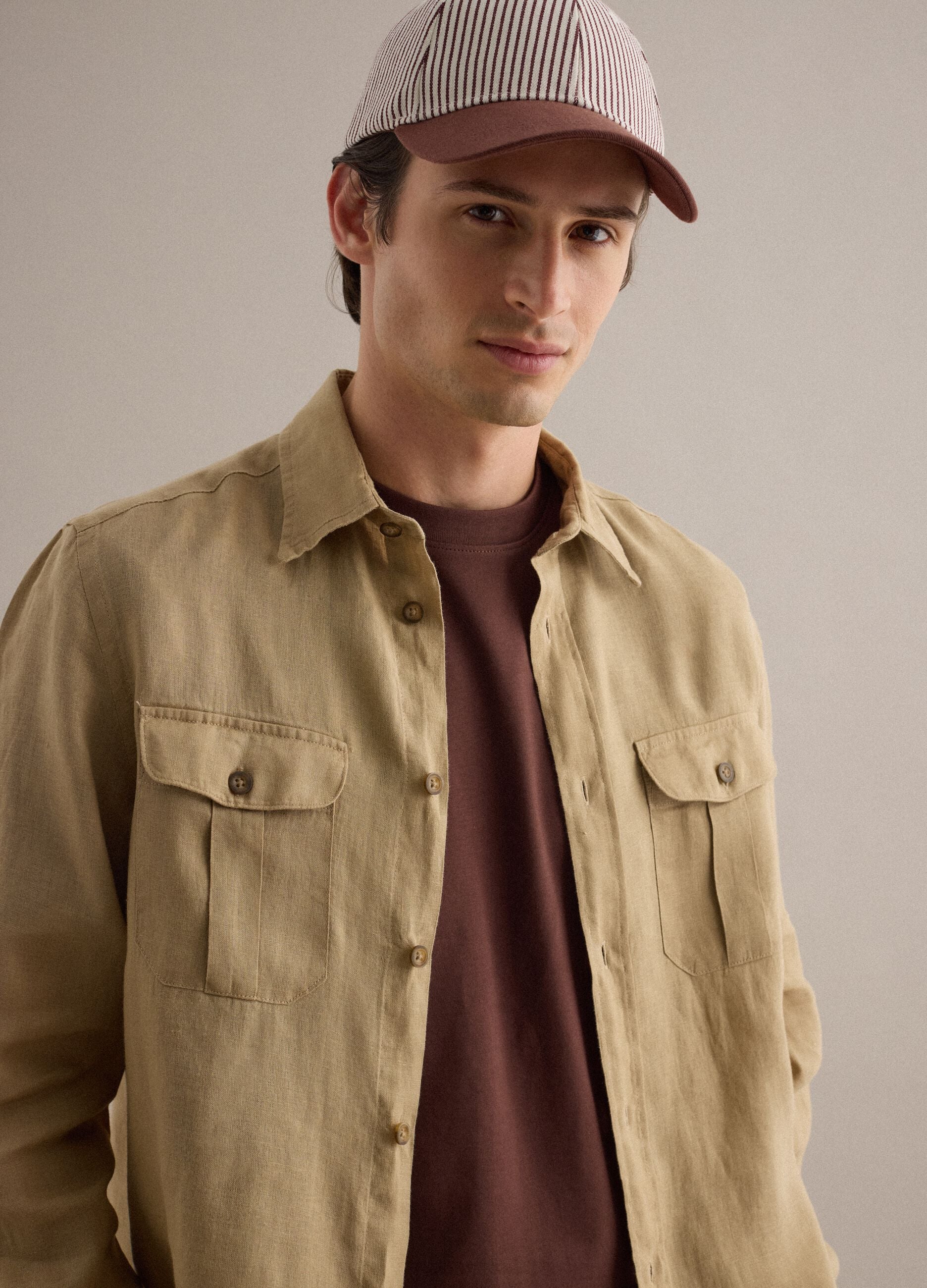 Beige pure linen long-sleeve shirt regular fit