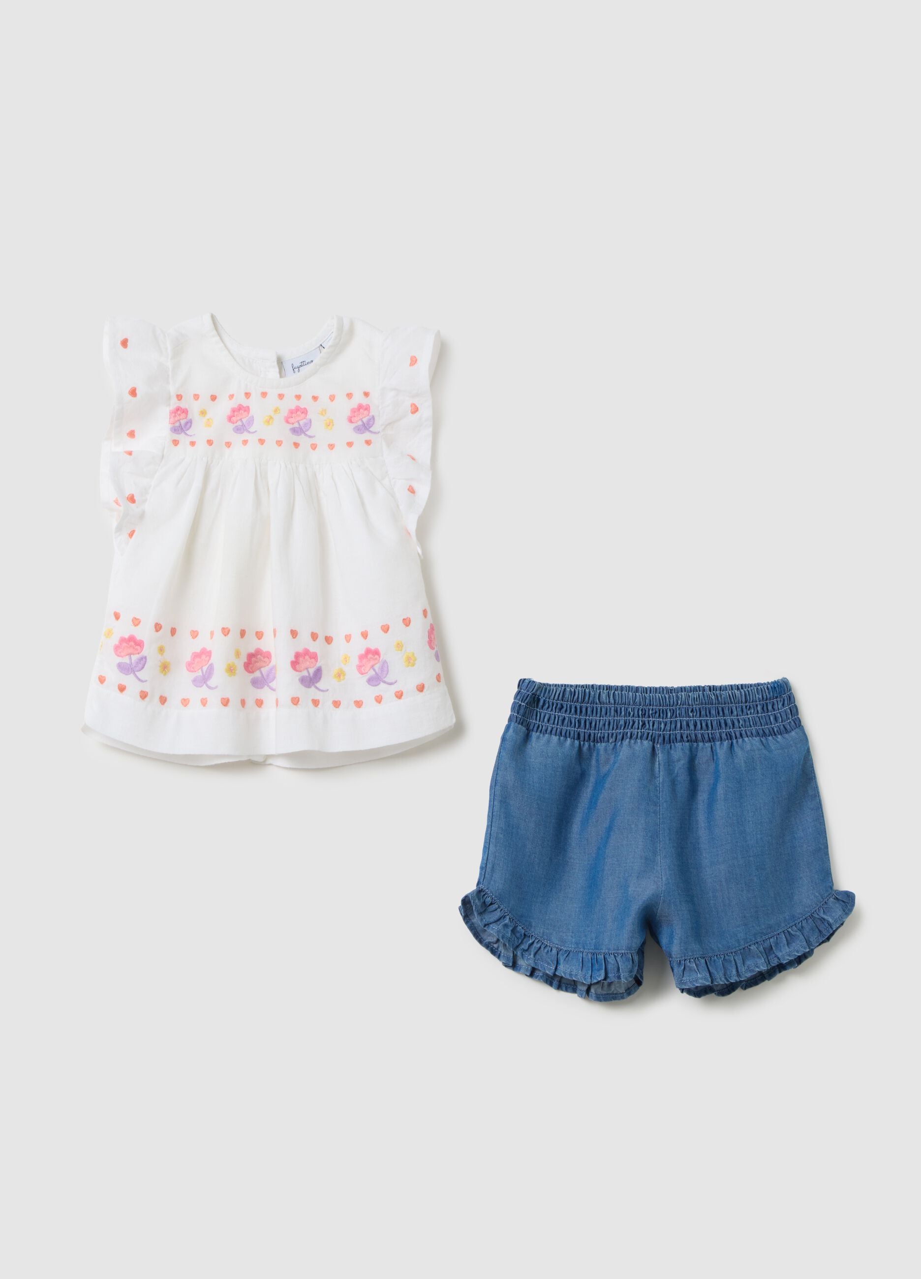 Baby girl outfit with 100% white cotton top and denim shorts