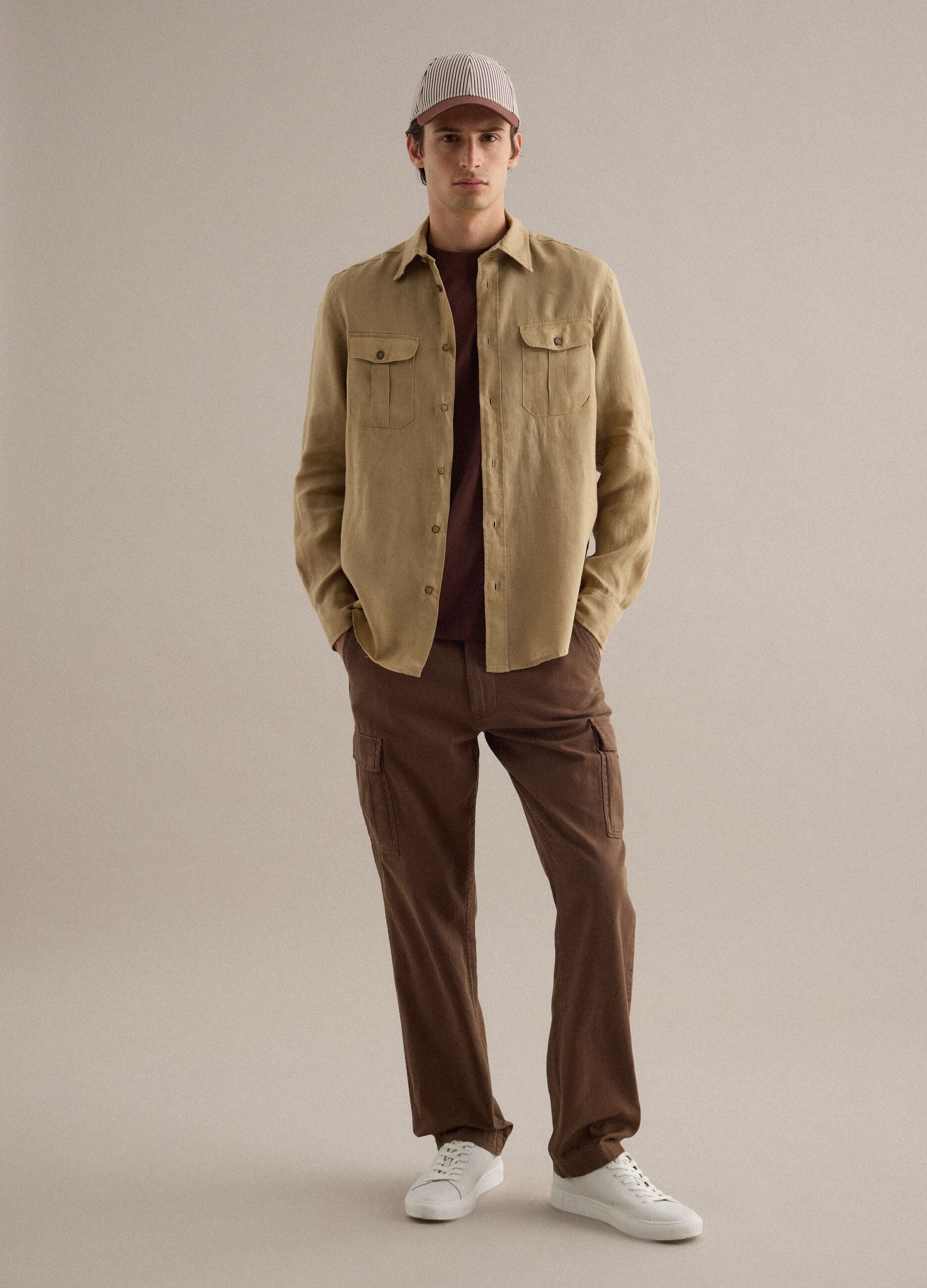 Beige pure linen long-sleeve shirt regular fit