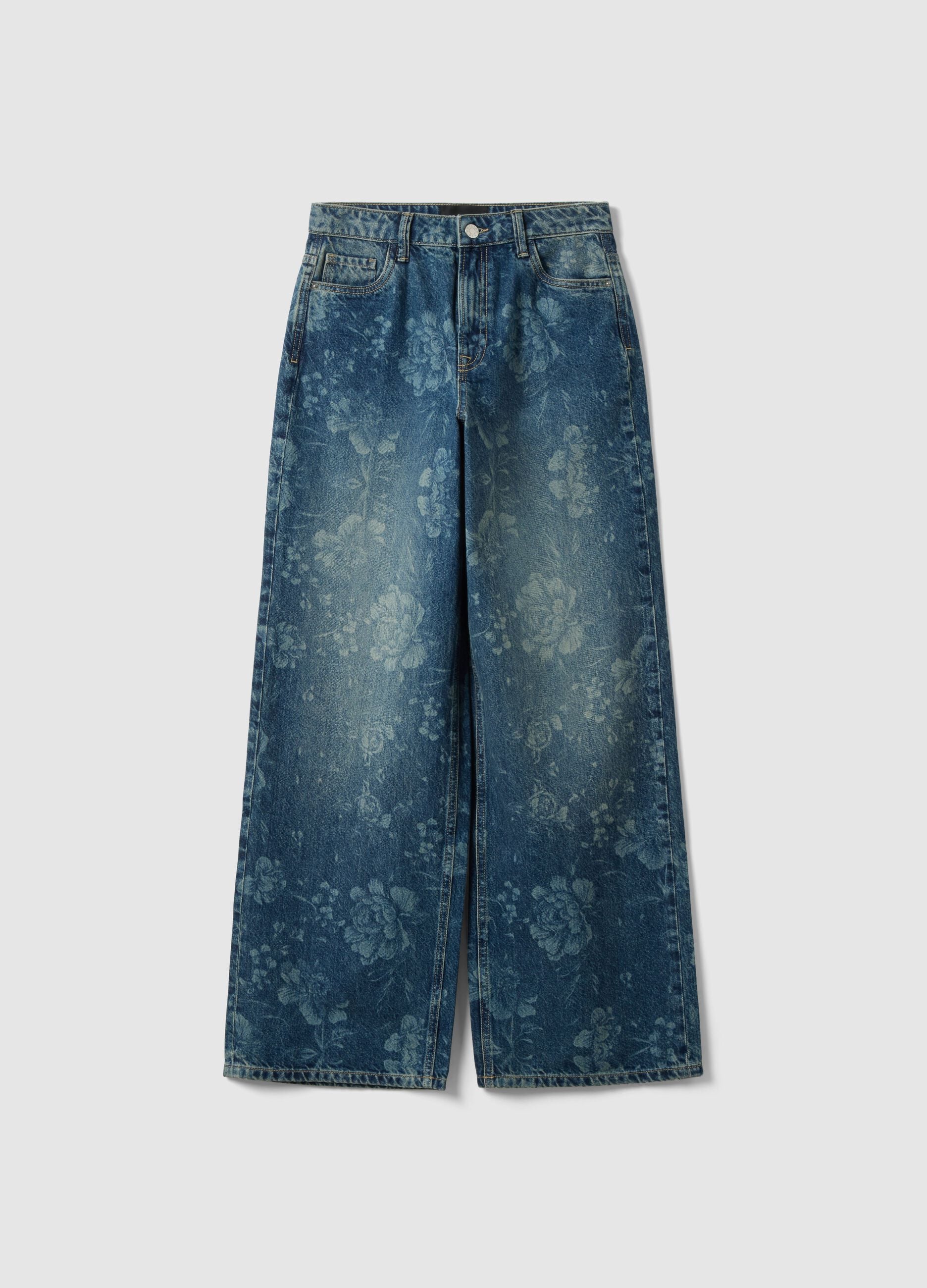 Wide leg blue denim pure cotton jeans with floral design