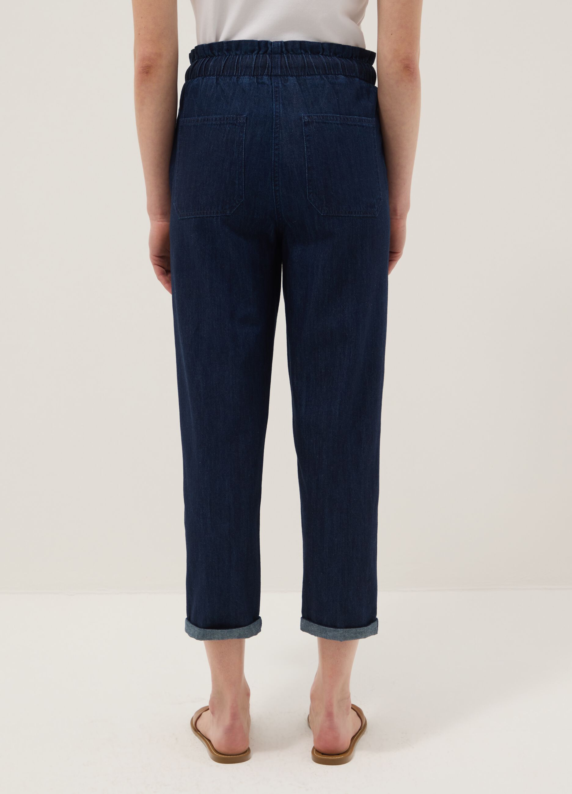 Regular fit blue denim cotton paper bag trousers