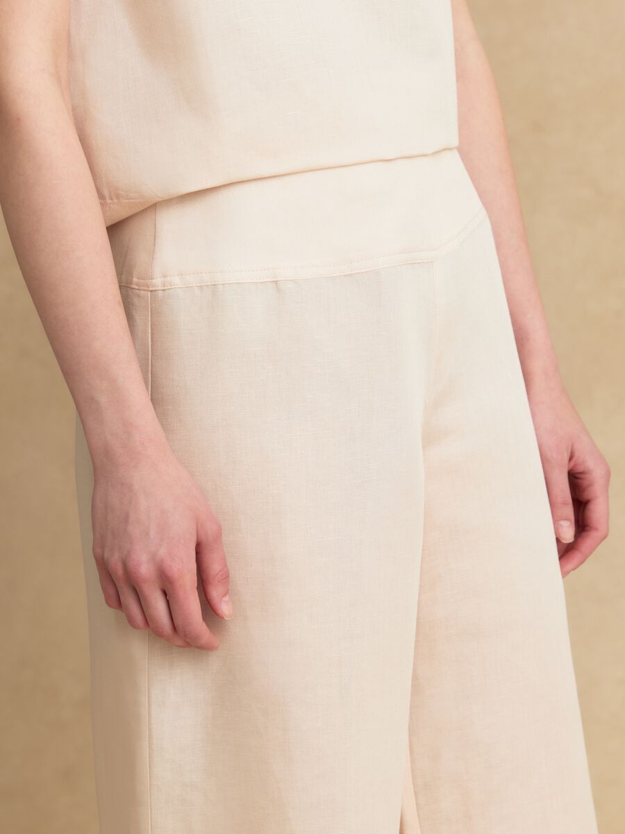 Pink linen-viscose blend wide-leg trousers with side zip fastening_3