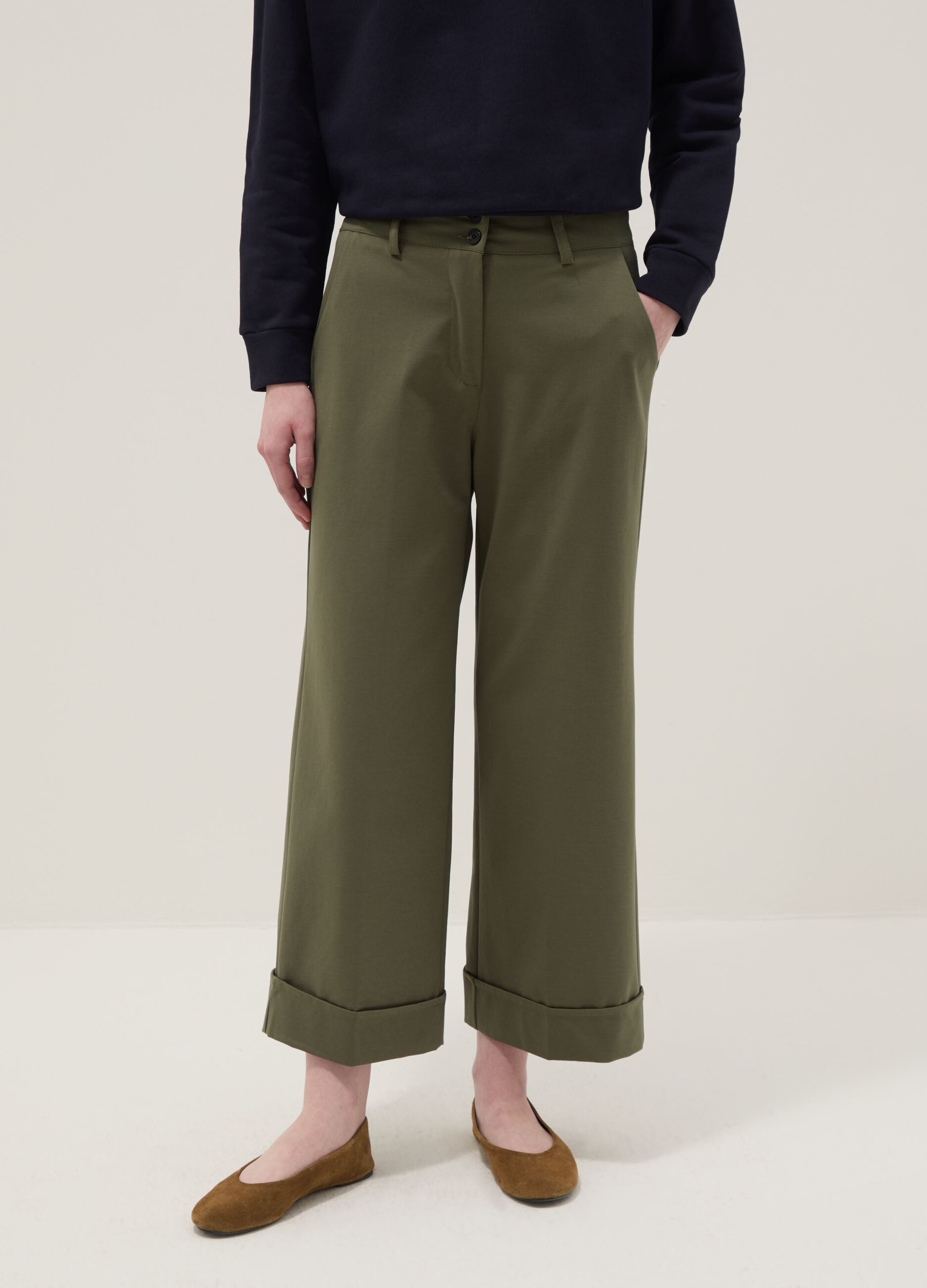Green stretchy cotton blend wide leg trousers regular fit