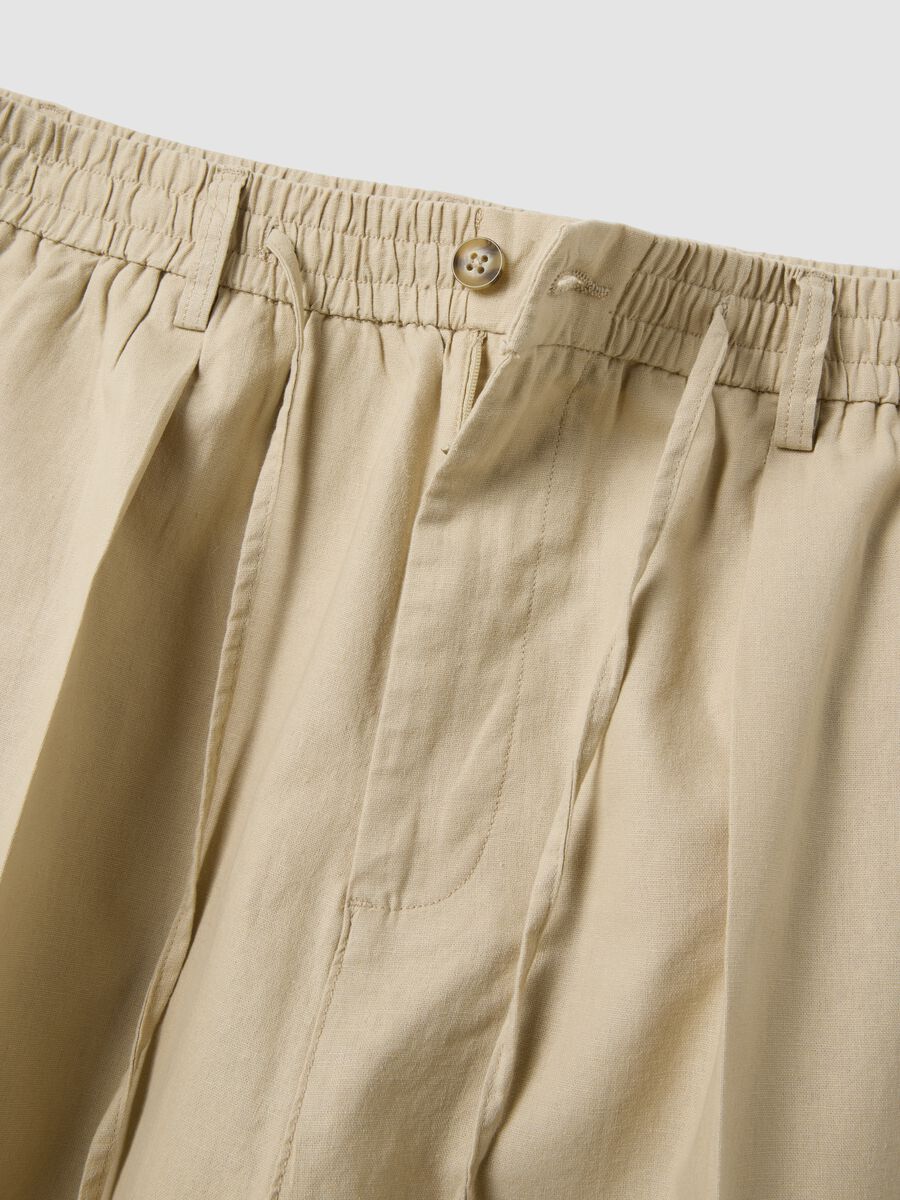 Pantaloni beige in misto lino e cotone con vita elasticizzata_5
