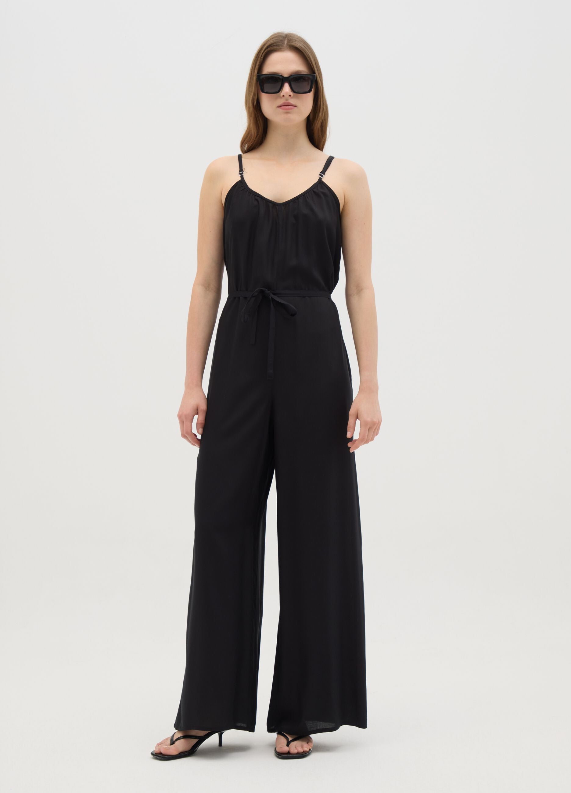 Women's jumpsuit in pure black viscose wide fit