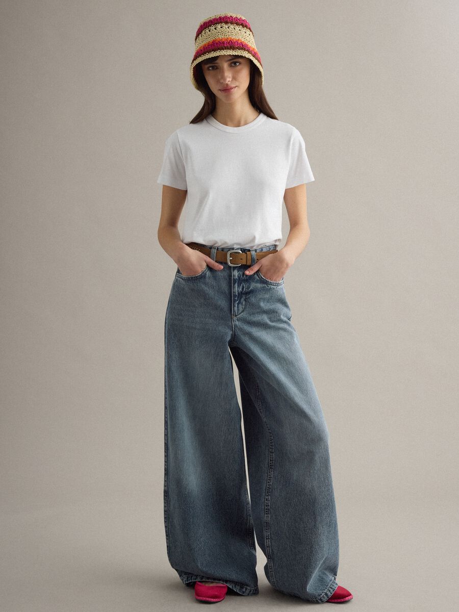 Wide Leg Blue Denim Pure Cotton Jeans_0