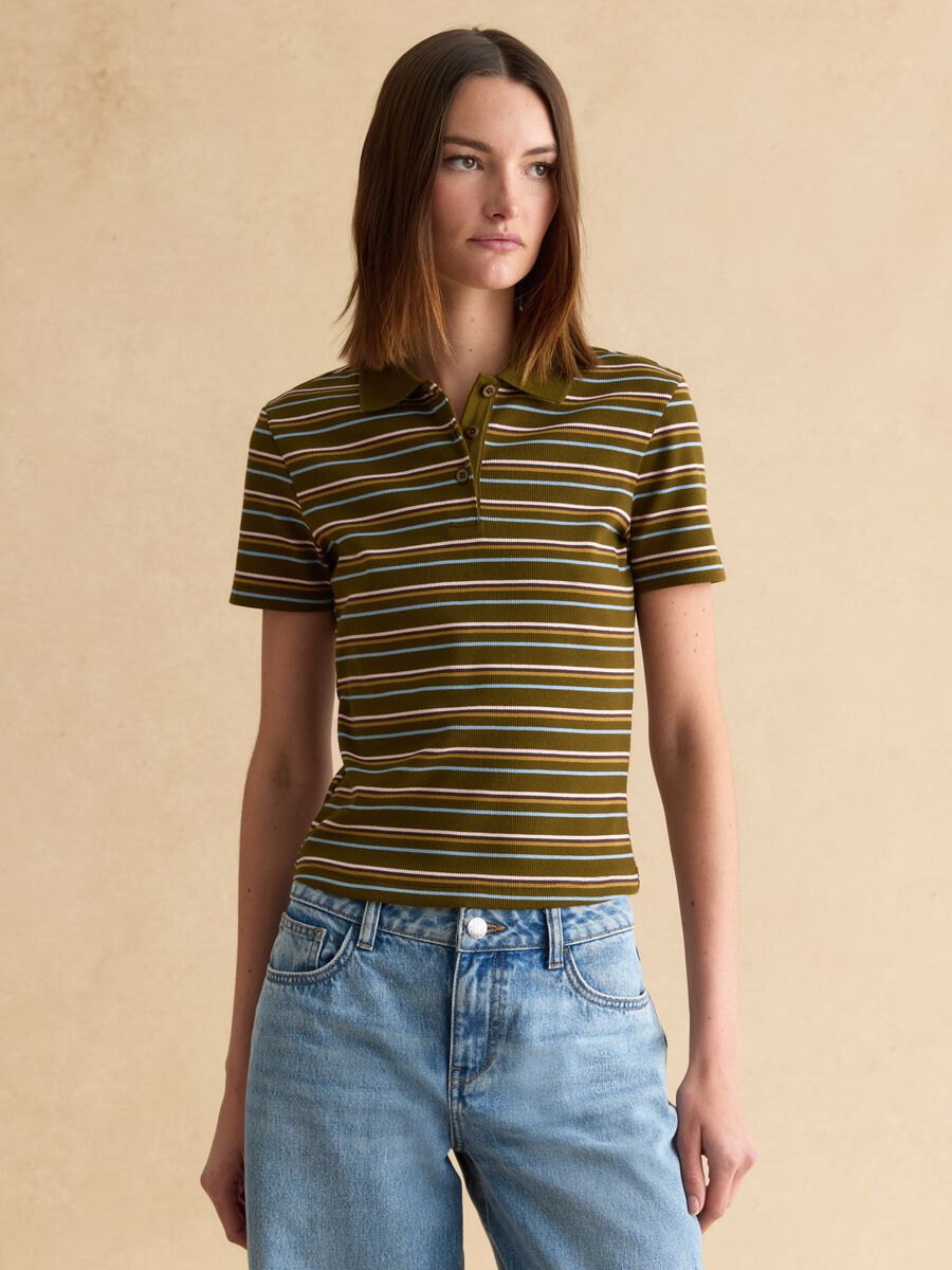 Striped green polo in stretch cotton_0