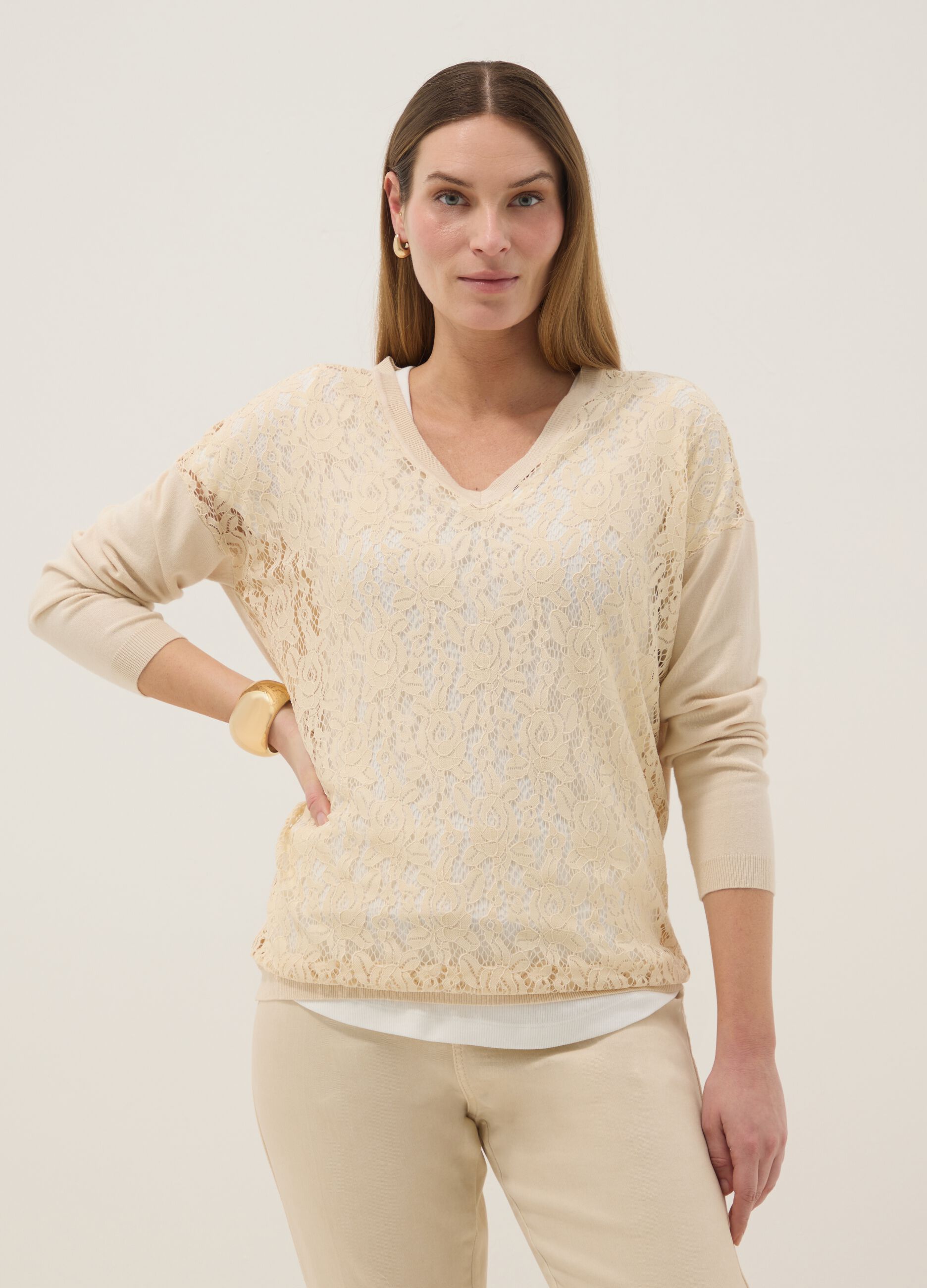 Beige maternity sweater in viscose blend with lace detailing