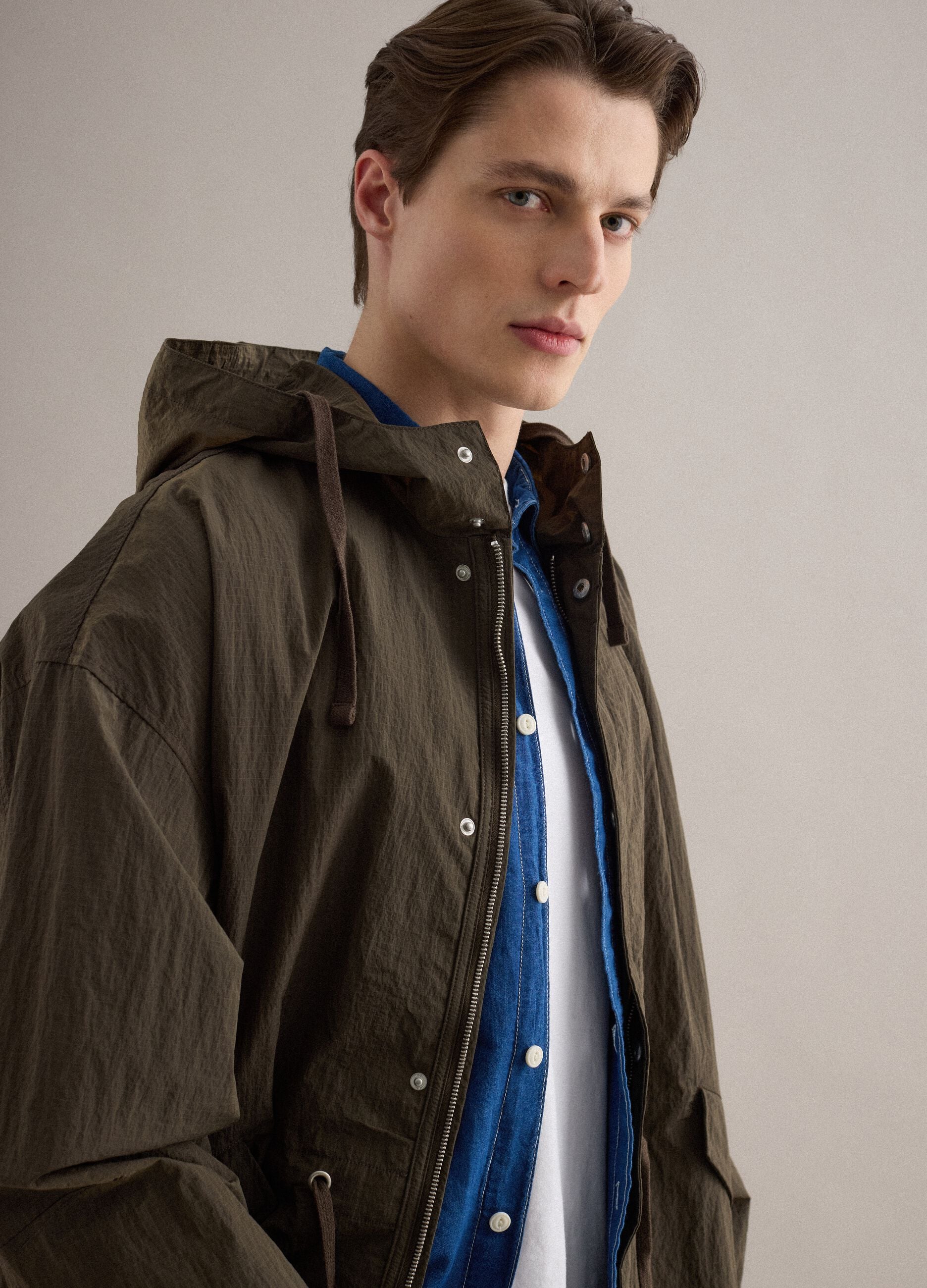Brown regular fit parka jacket with full zip and hood