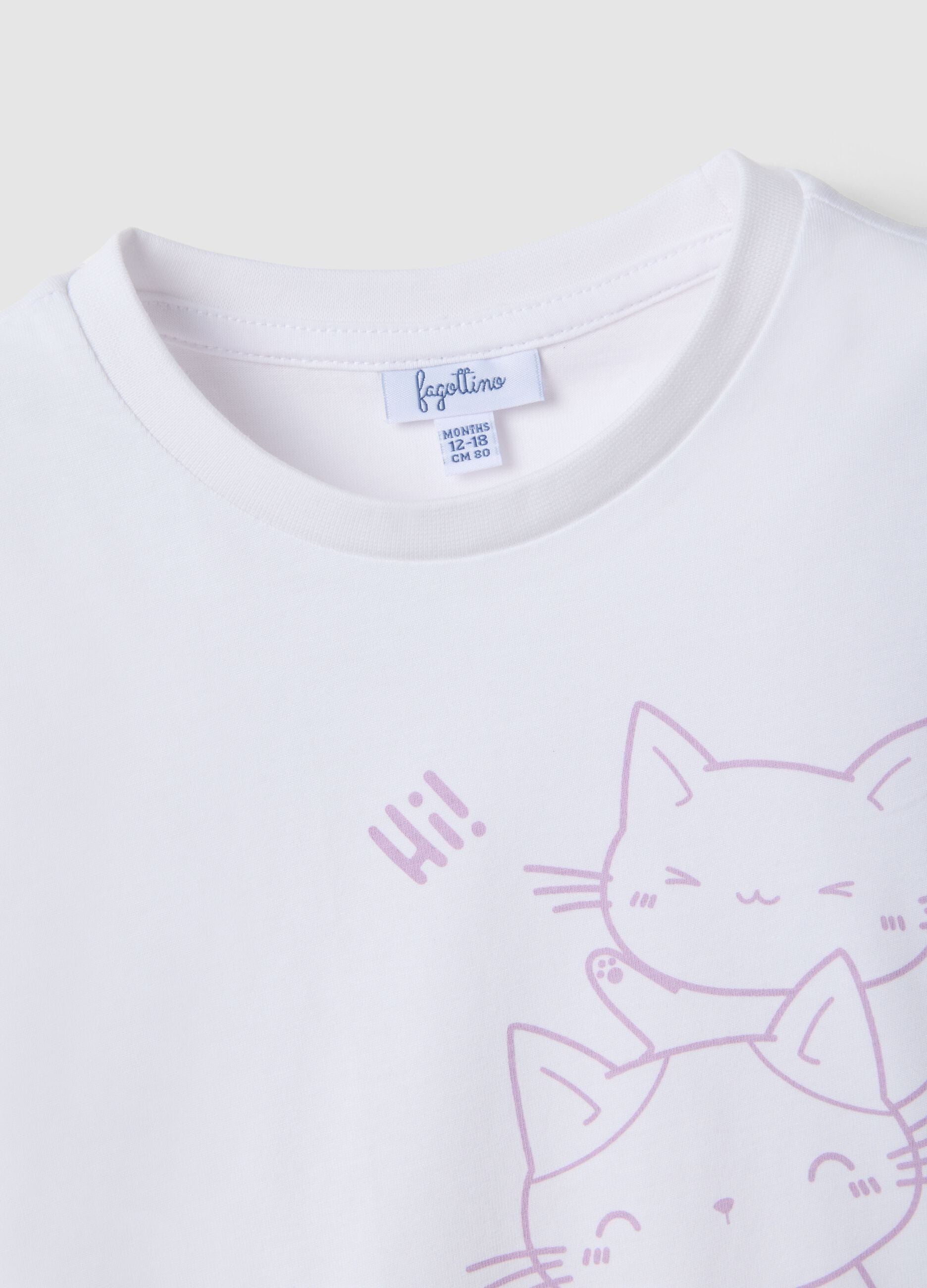 Girls' white cotton t-shirt with cat print, regular fit