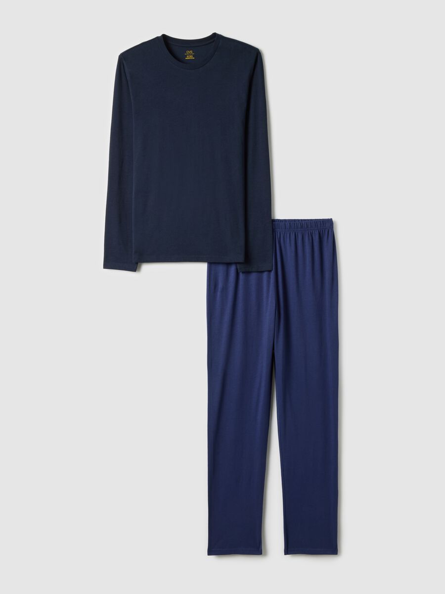 Blue crew neck long sleeve pyjamas in pure cotton regular fit_4