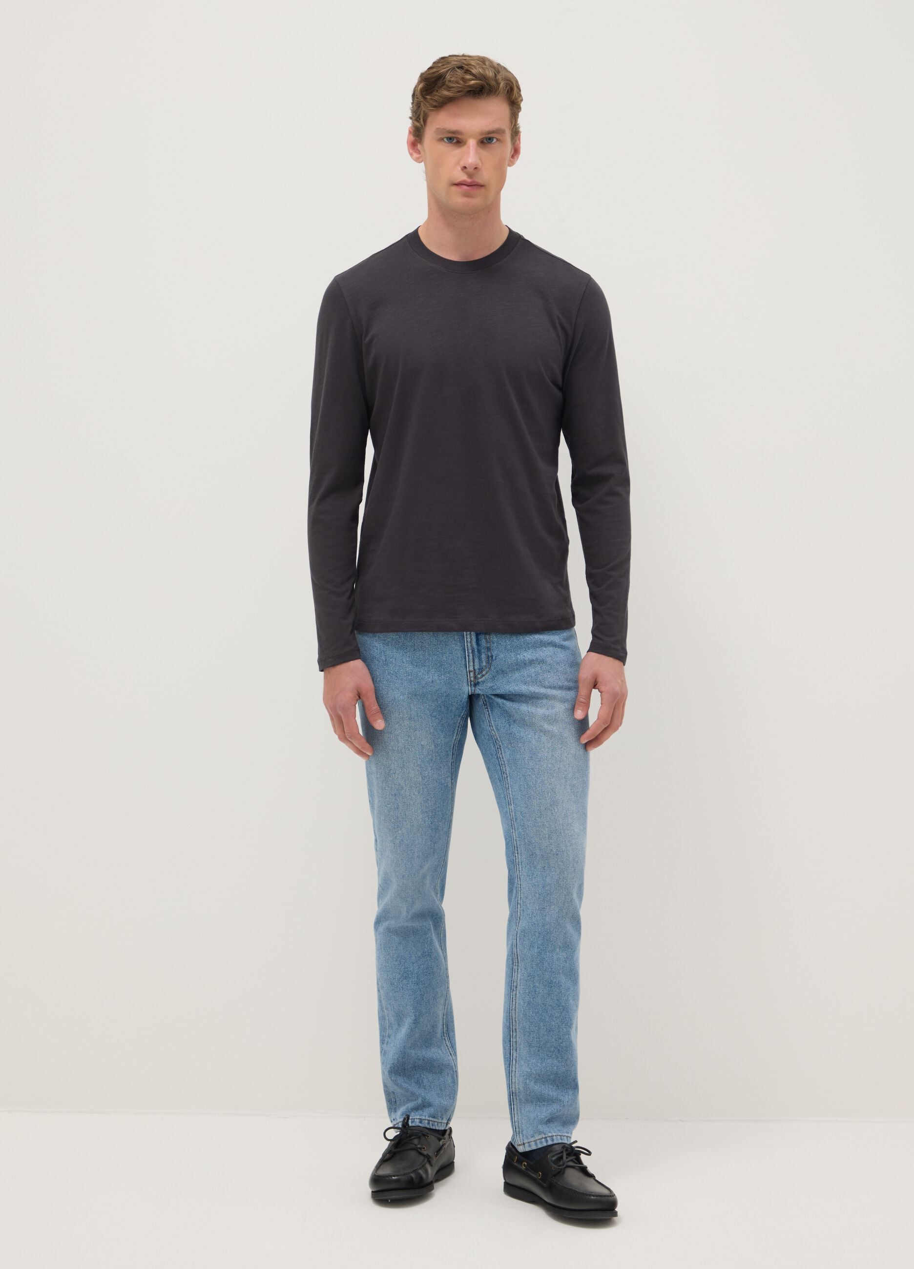Grey long-sleeve pure cotton regular fit T-shirt