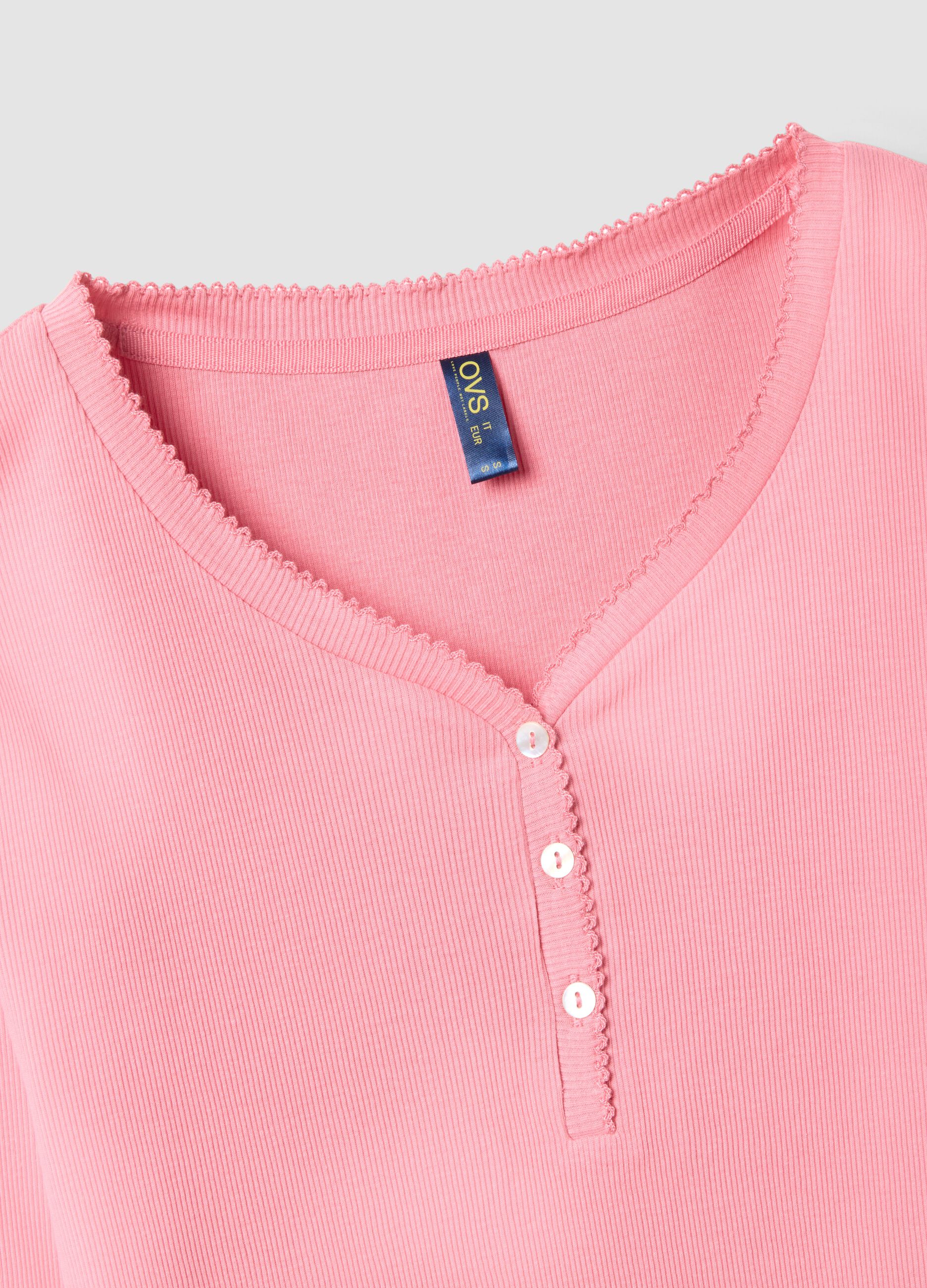 Pure cotton pink pyjama top with serafino neckline, regular fit