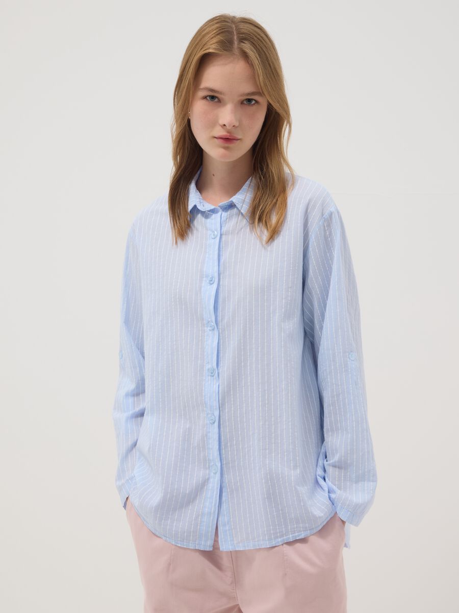 Camicia azzurra a righe in puro cotone regular fit_1