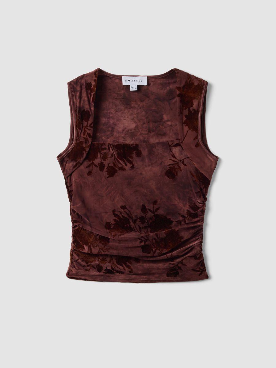 Top fitted rosso in tessuto elasticizzato con fantasia floreale_0