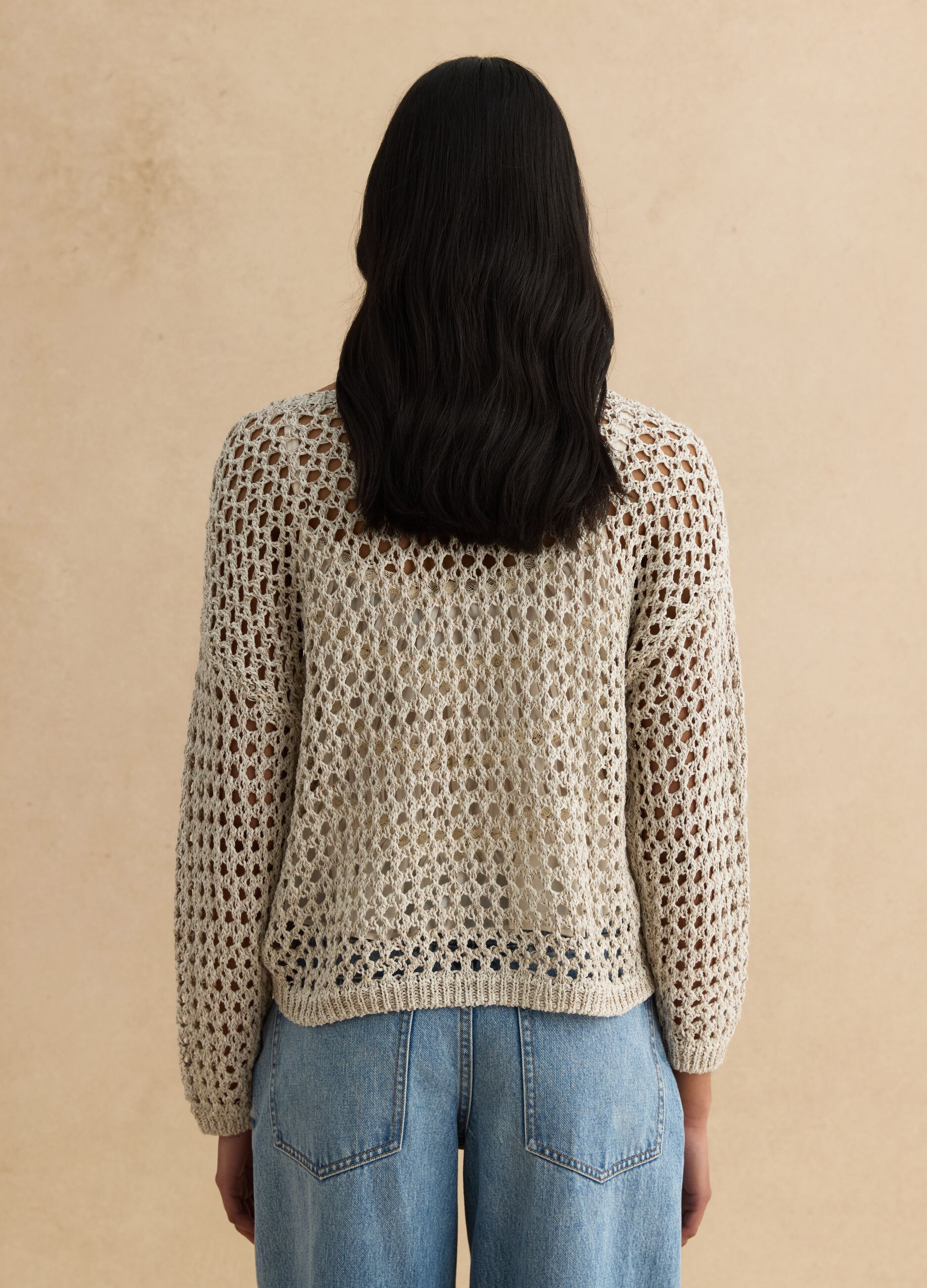 Beige cotton-blend knitted sweater