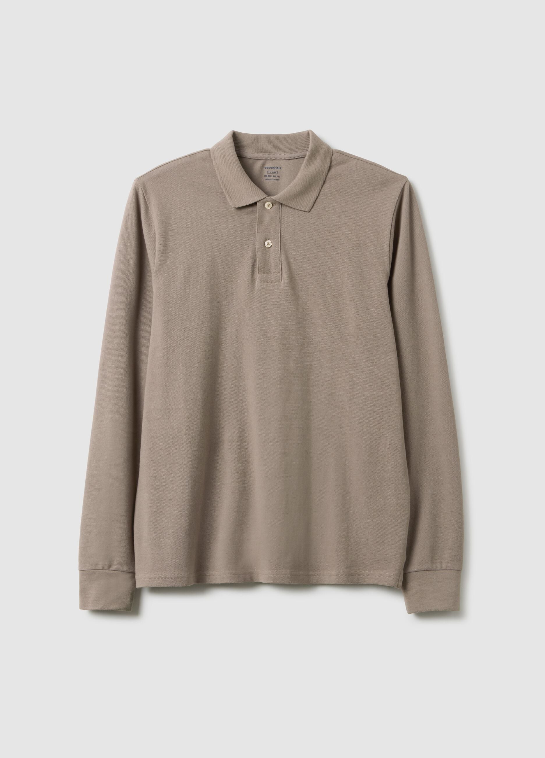 Beige Long Sleeve Polo in Pure Cotton Regular Fit