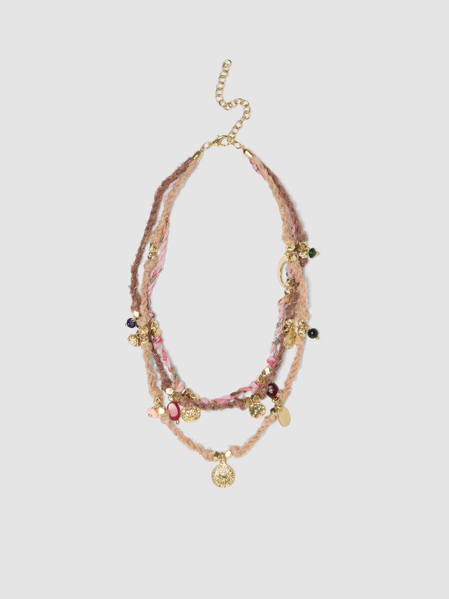 Multicolour braided necklace with golden charms_0
