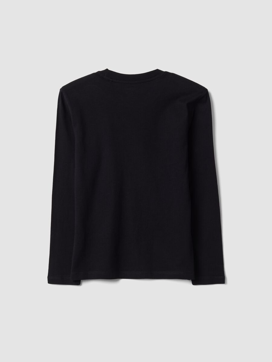T-shirt nera in puro cotone organico con girocollo e stampa teschio per ragazzo_5