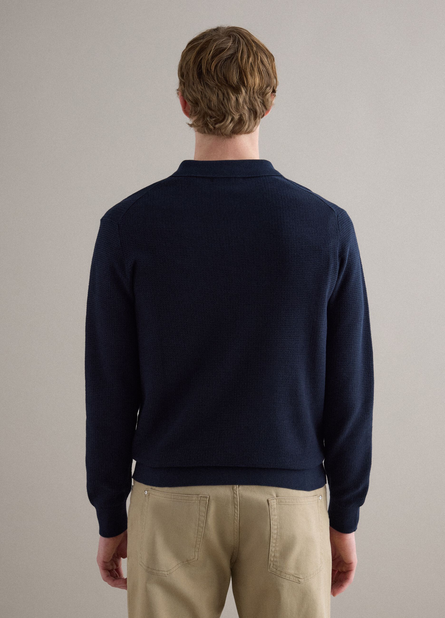 Regular fit blue pure cotton pullover with polo collar