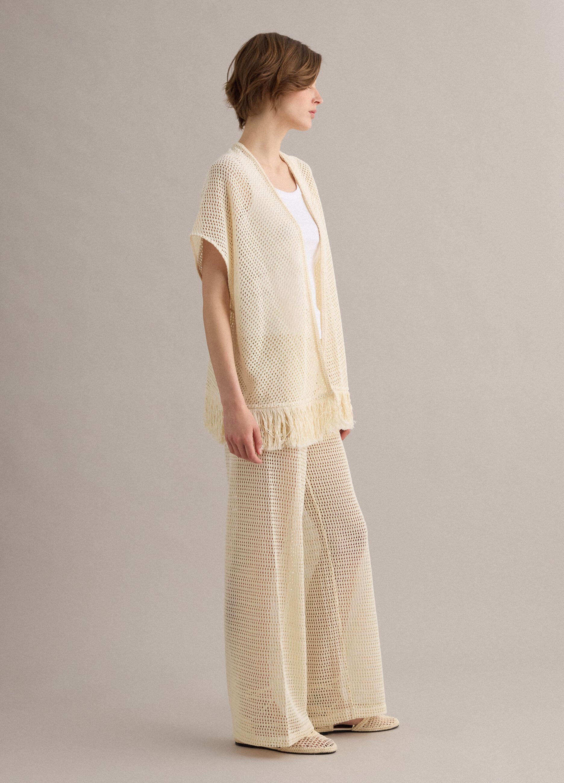 White crochet viscose-blend cardigan with fringes, regular fit