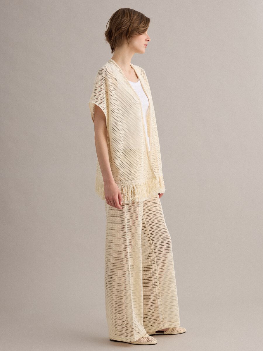 White crochet viscose-blend cardigan with fringes, regular fit_1