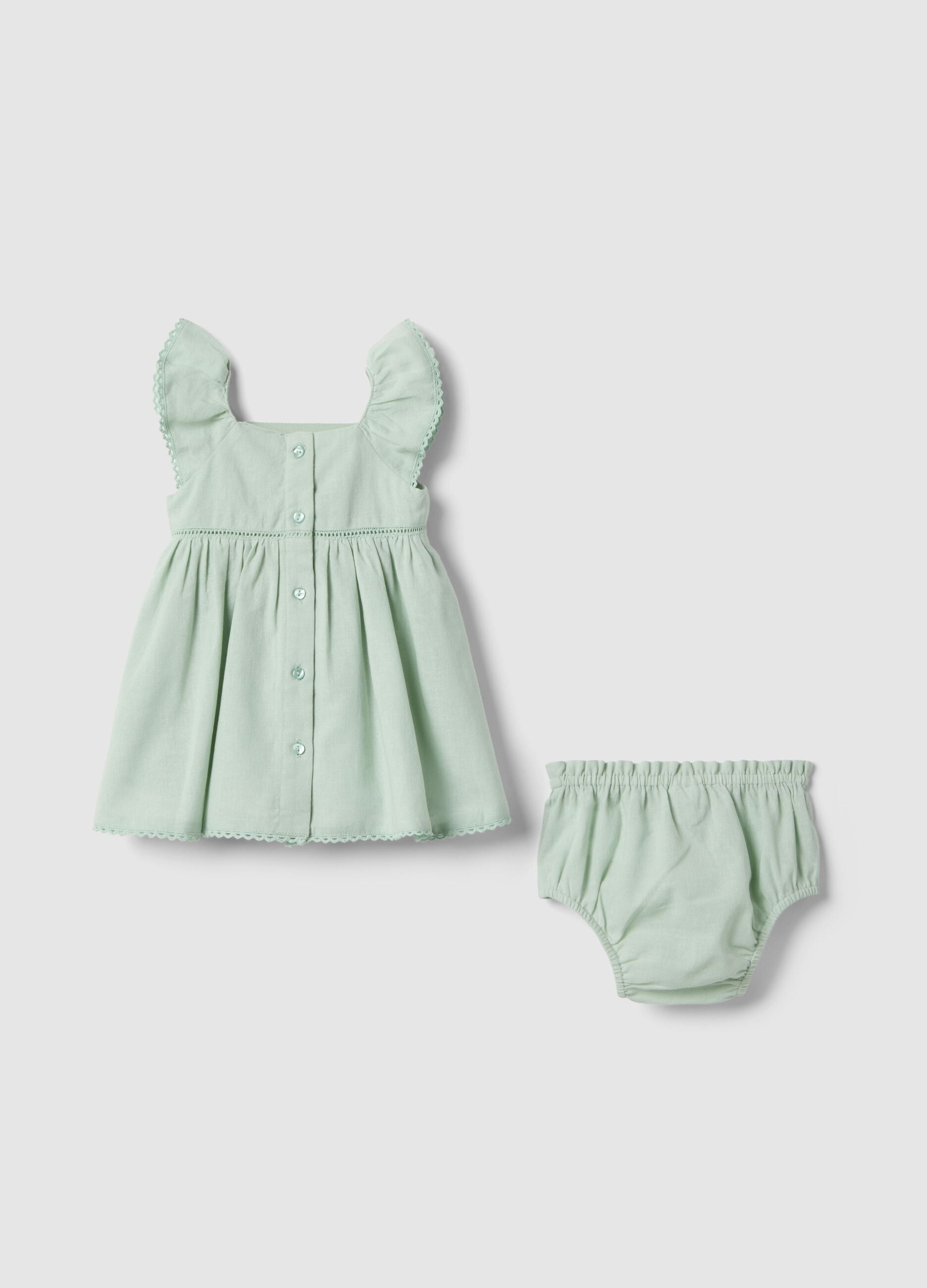 Green Cotton and Linen Blend Set for Baby Girls