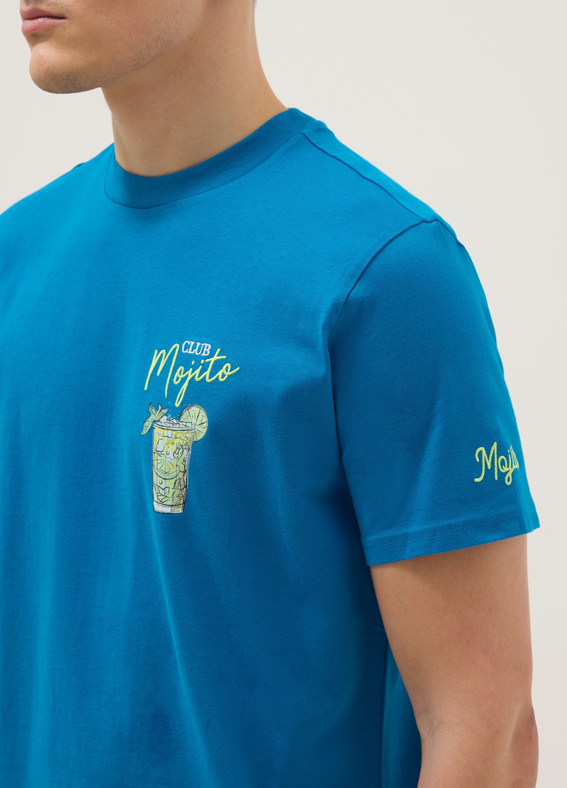 Regular fit pure cotton blue T-shirt with mojito print