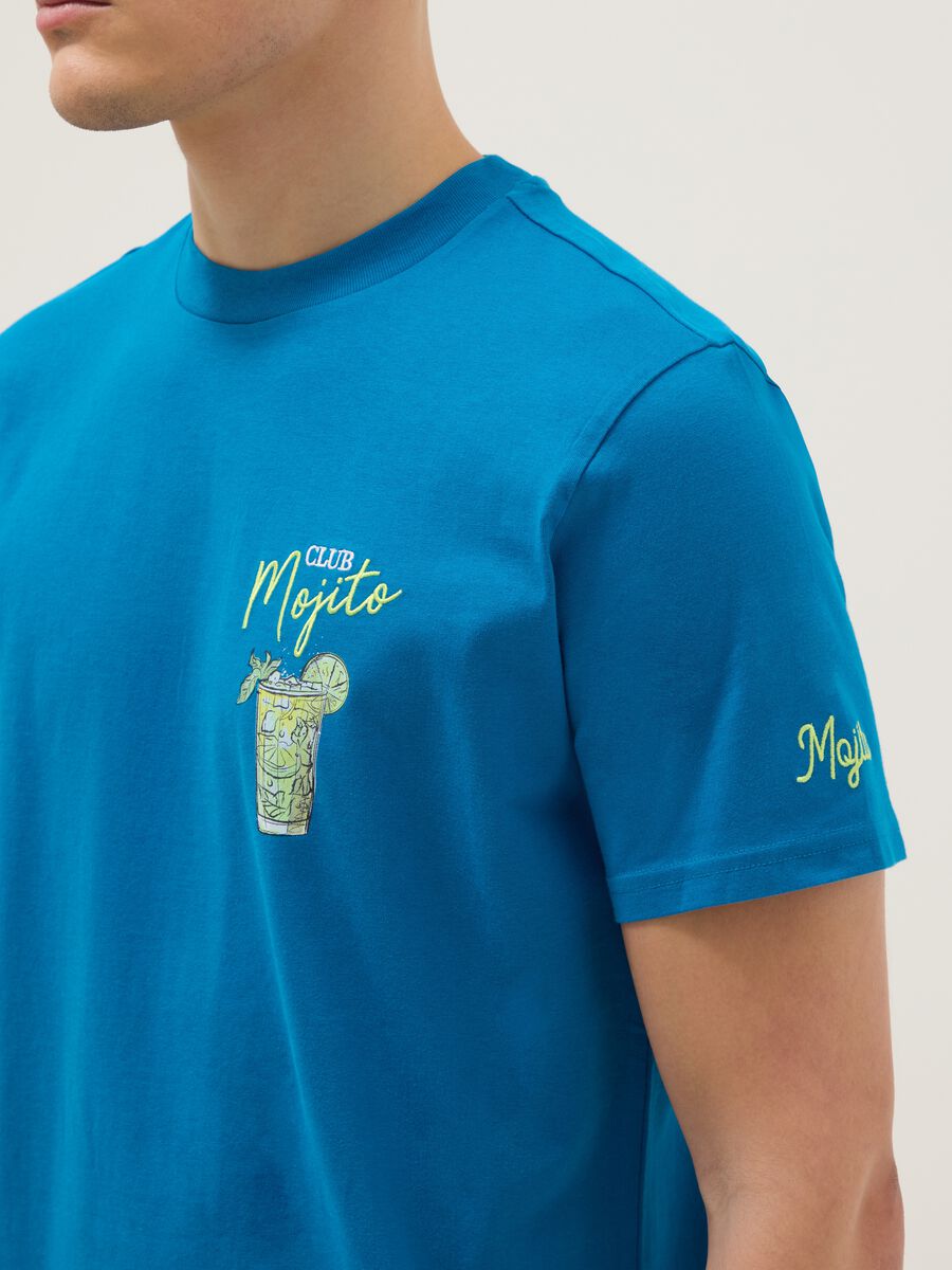 Regular fit pure cotton blue T-shirt with mojito print_3