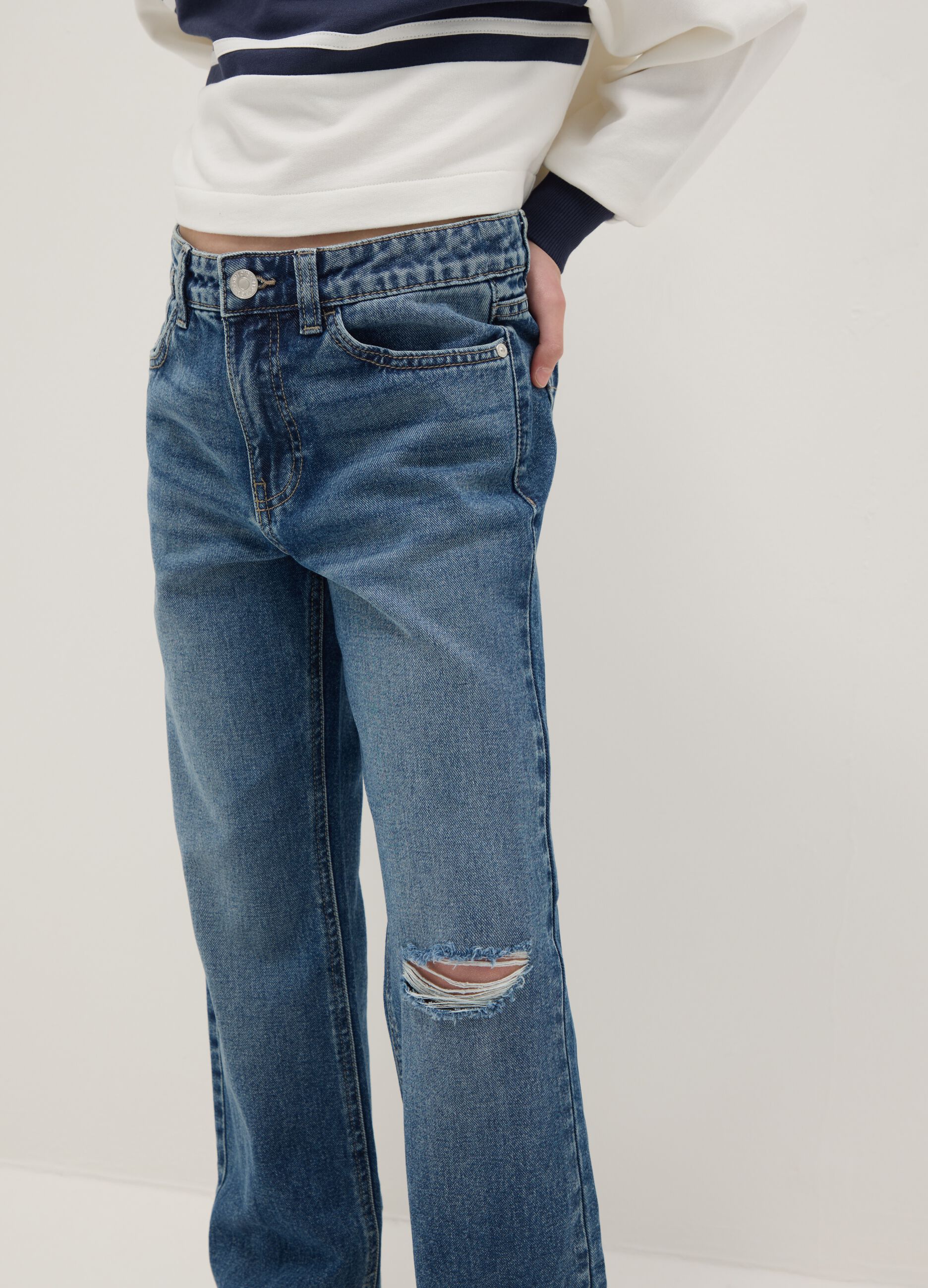 Girls' blue pure cotton jeans regular fit with rips
