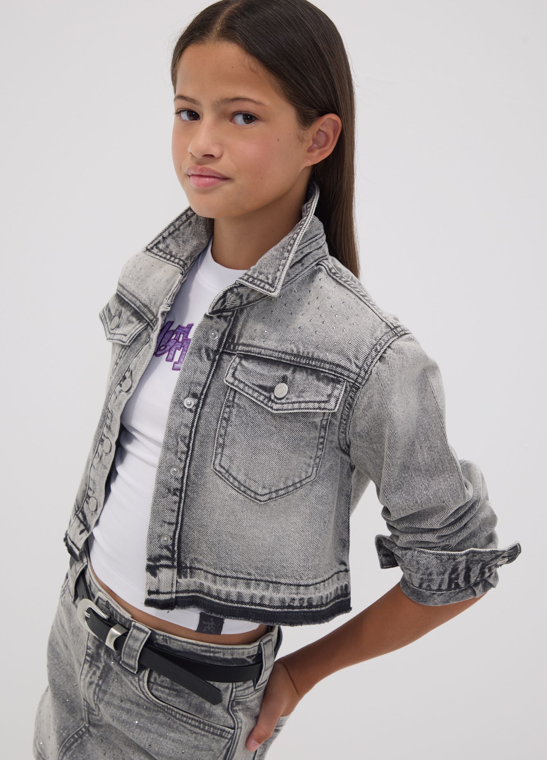 Short grey pure cotton shirt with studs for girls