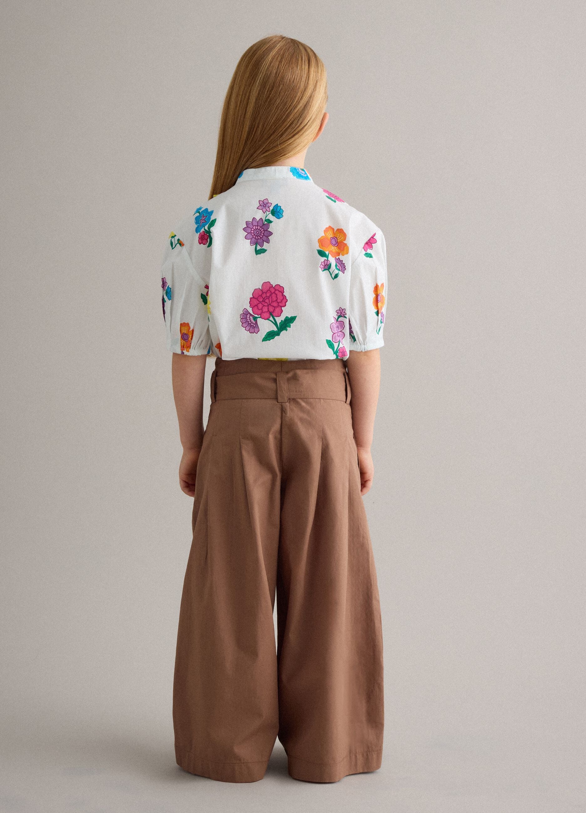 Girls' Brown Pure Cotton Wide Leg Trousers with Bow