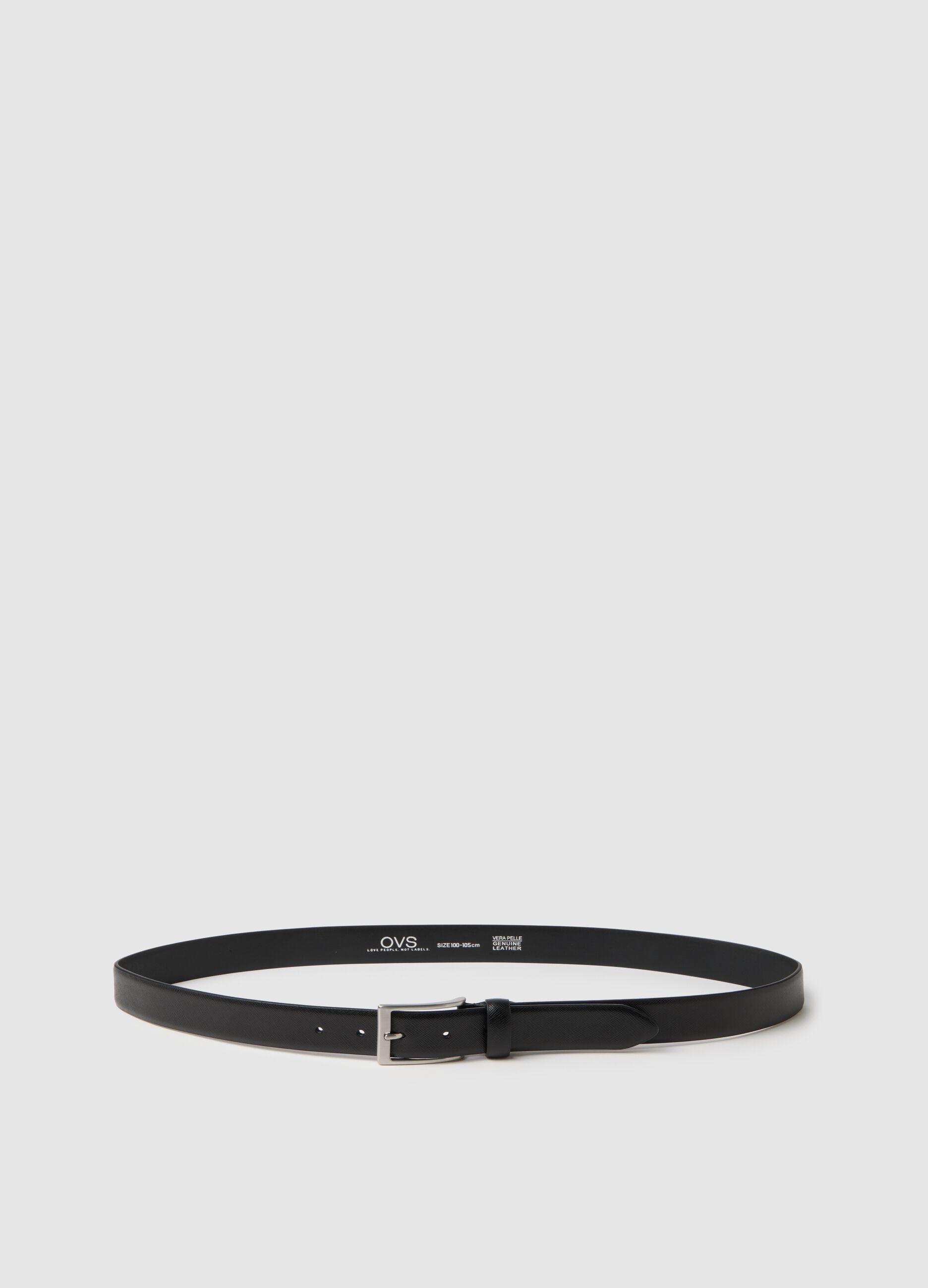 Black genuine leather belt with sturdy buckle