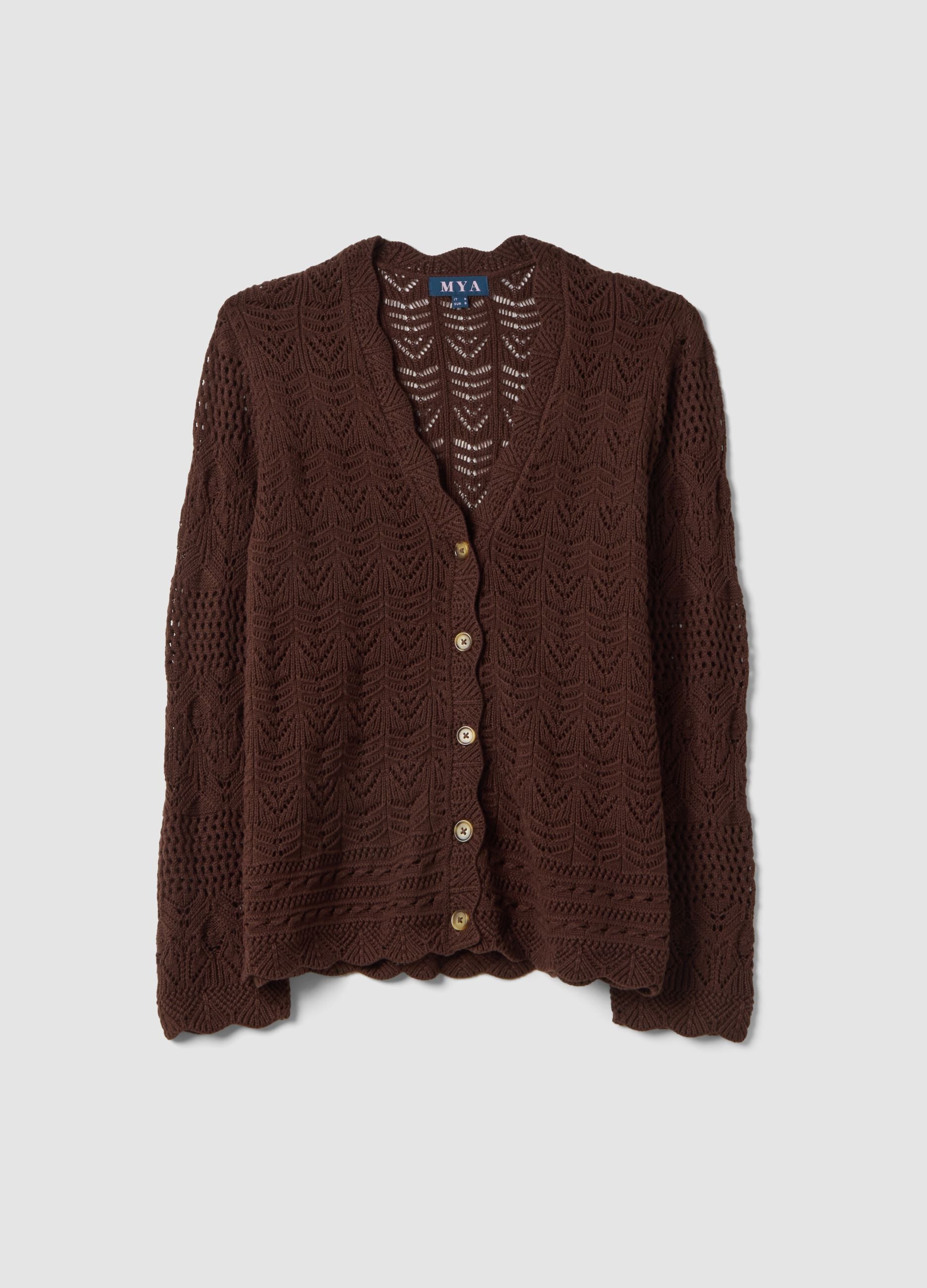 Brown pure cotton cardigan regular fit with lace pattern