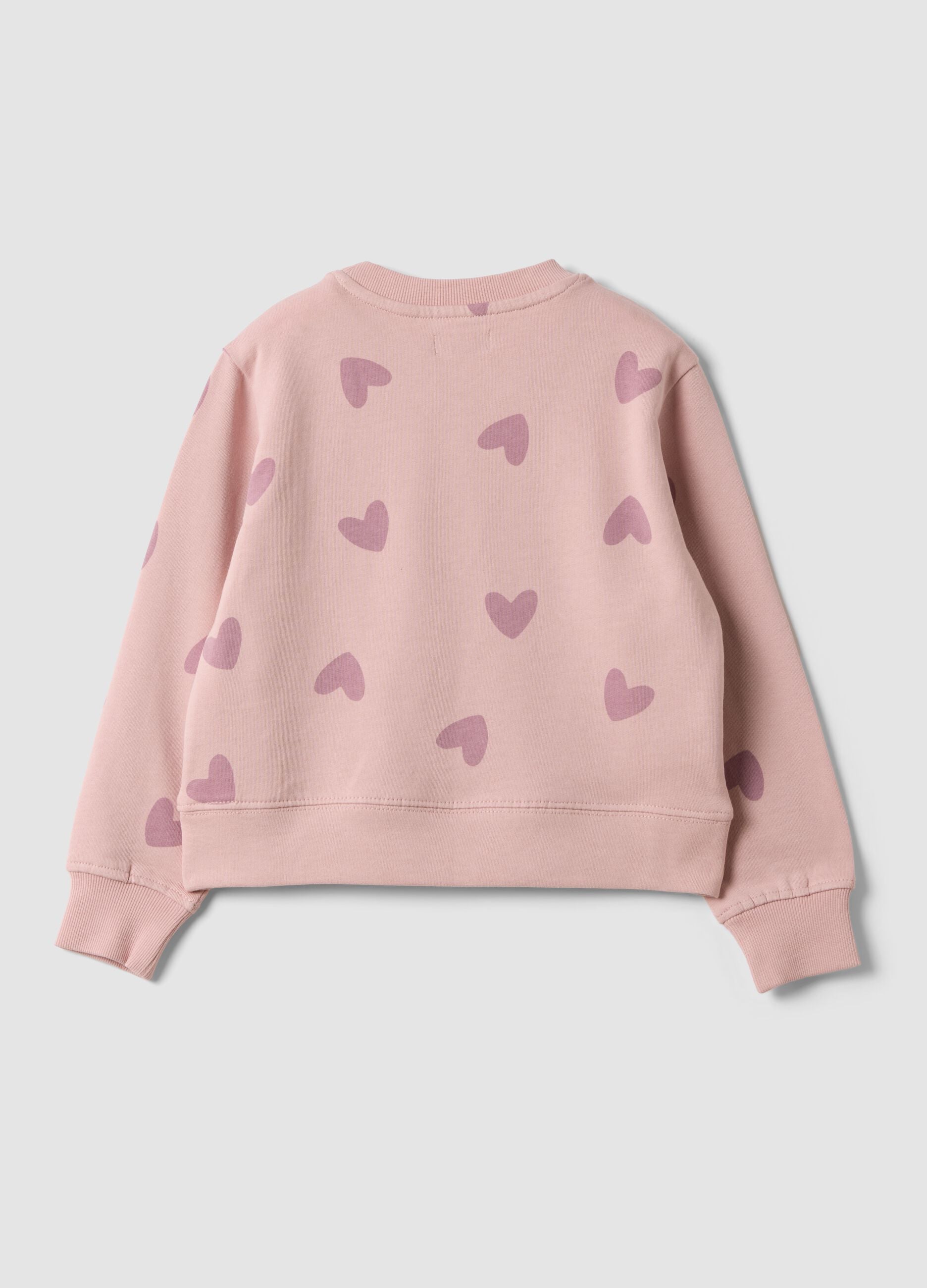 Pink pure cotton sweatshirt with heart print and crew neck for girls