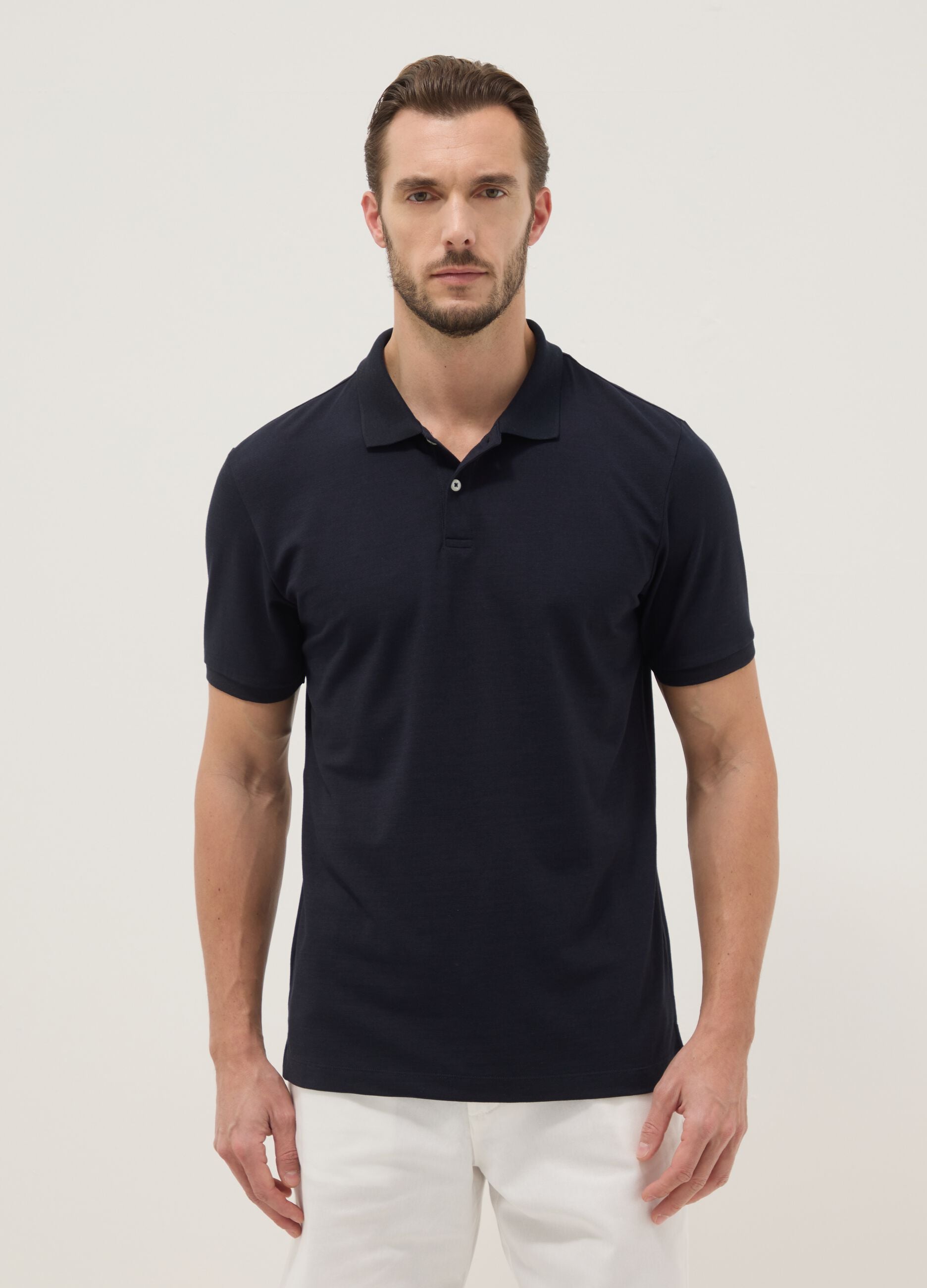 Black regular fit stretch cotton-blend polo