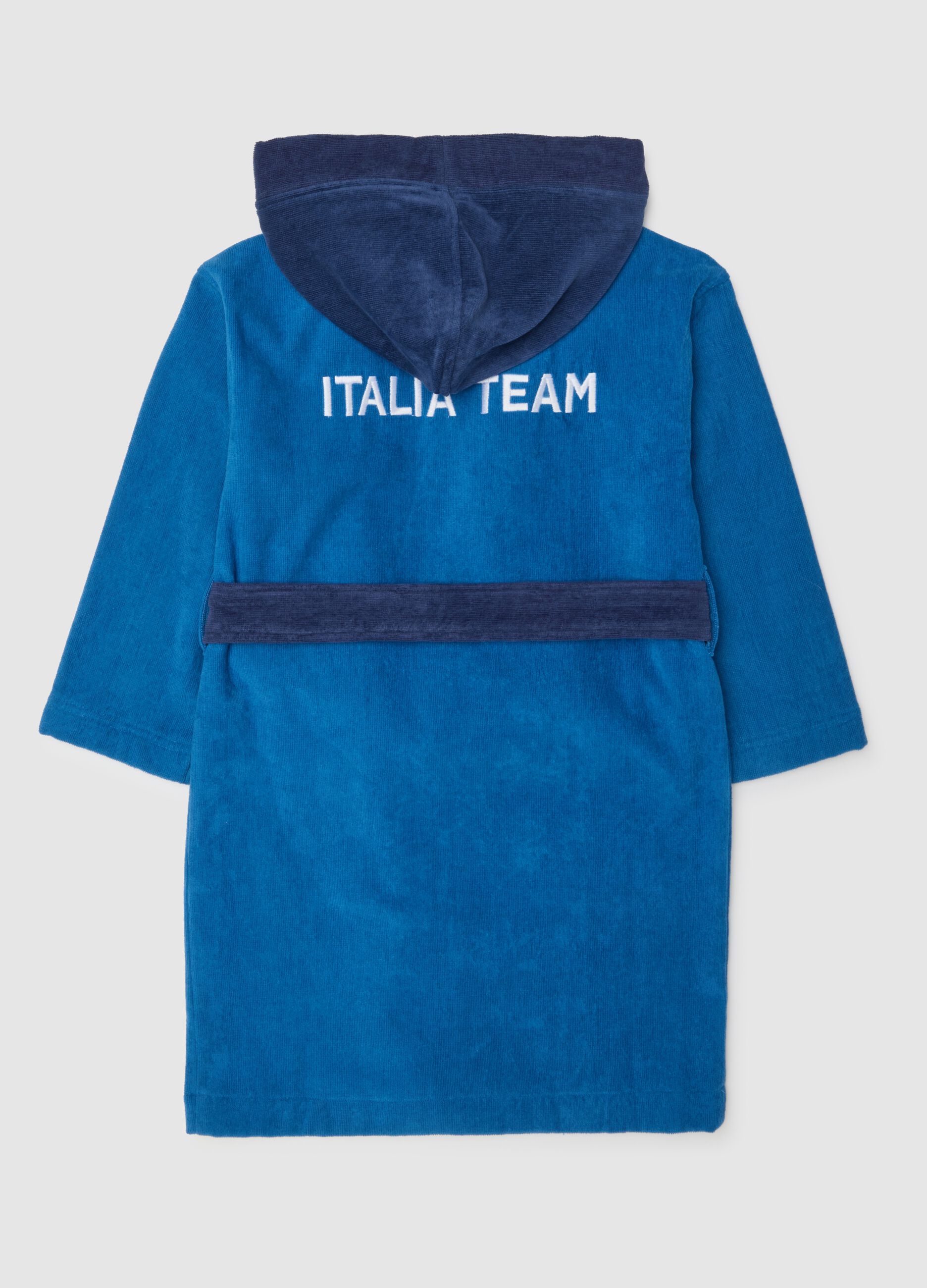 Blue children's hooded bathrobe in pure cotton with print