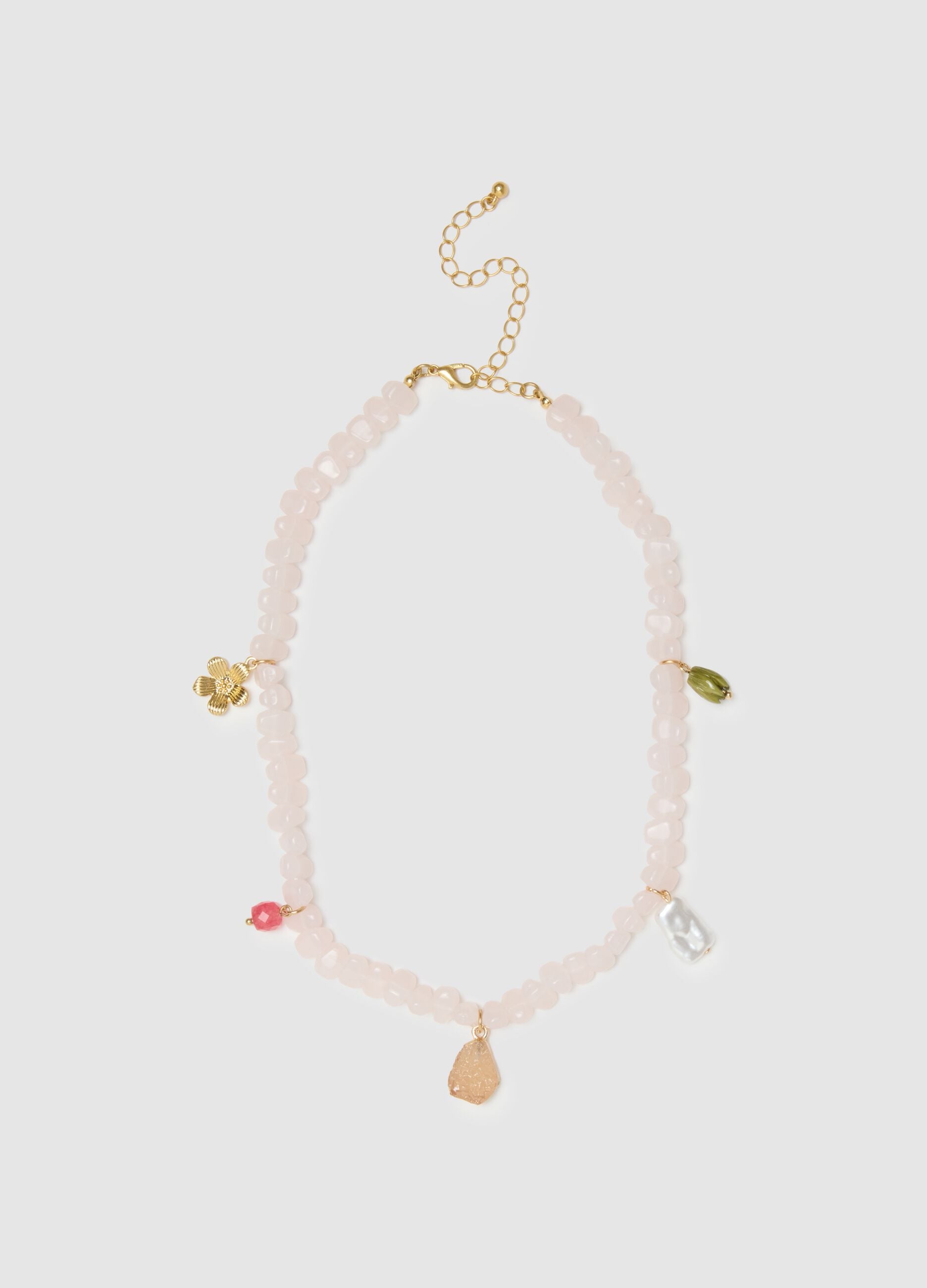 Pink glass necklace with charms