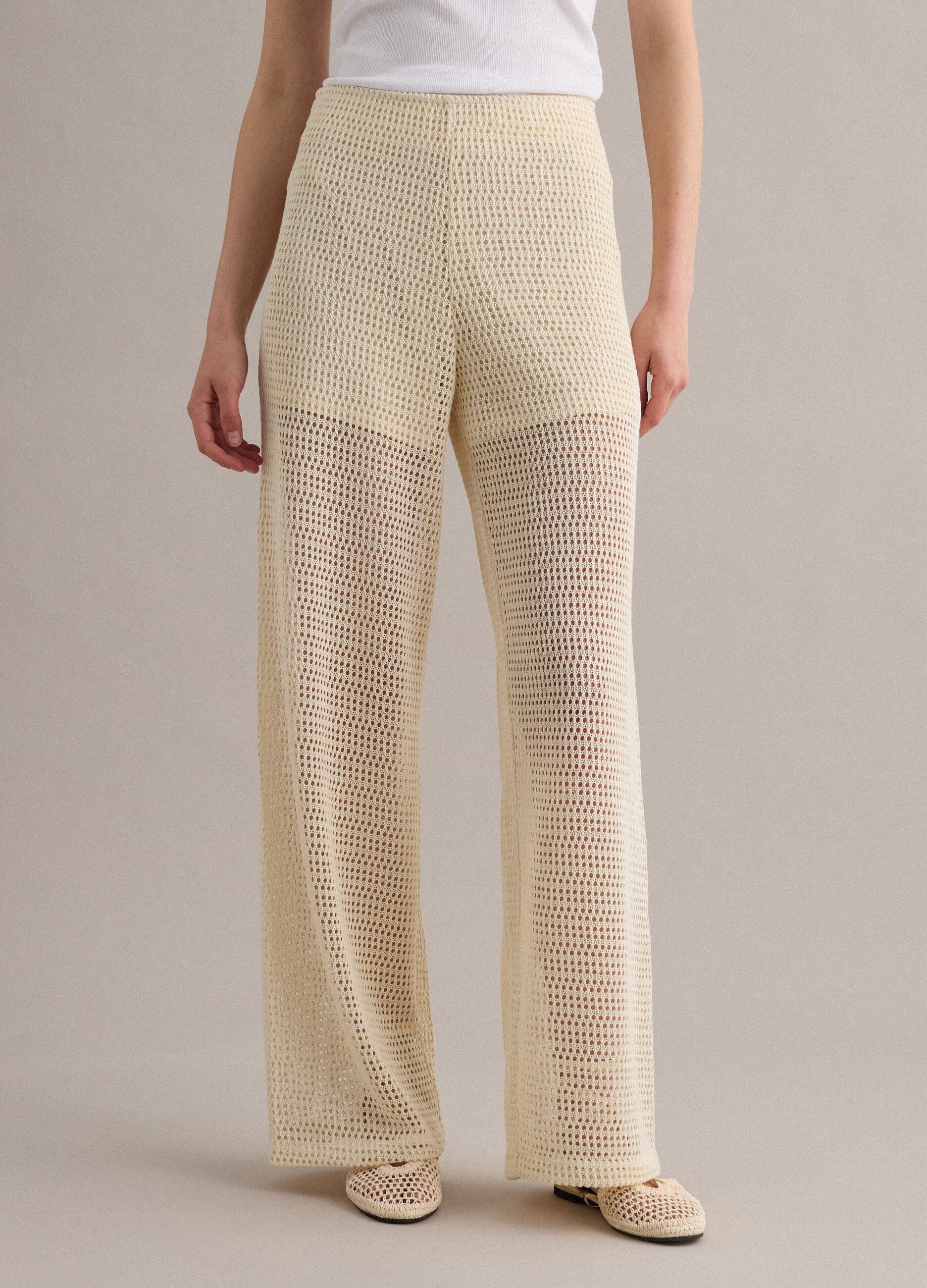 Pantaloni beige palazzo in crochet di misto viscosa regular fit