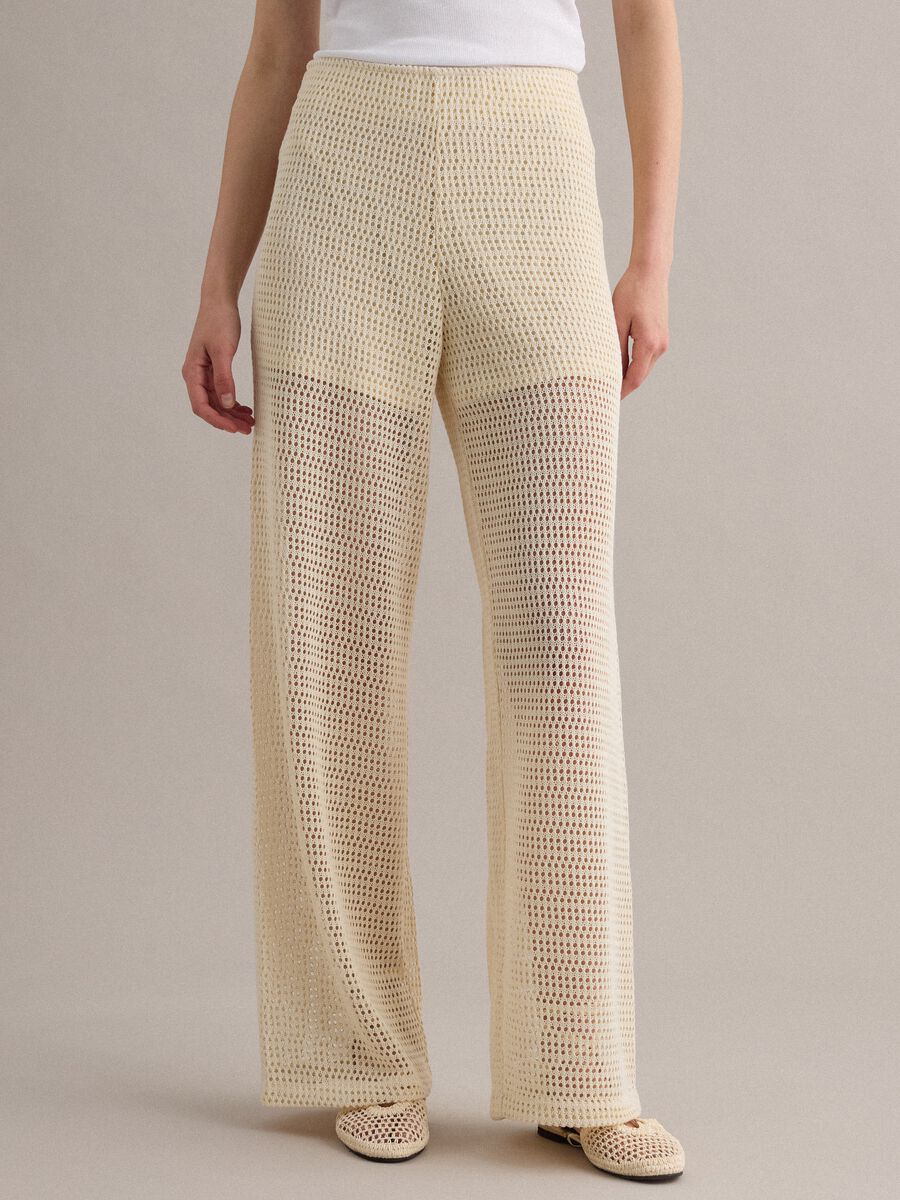 Beige viscose-blend crochet palazzo trousers, regular fit_1