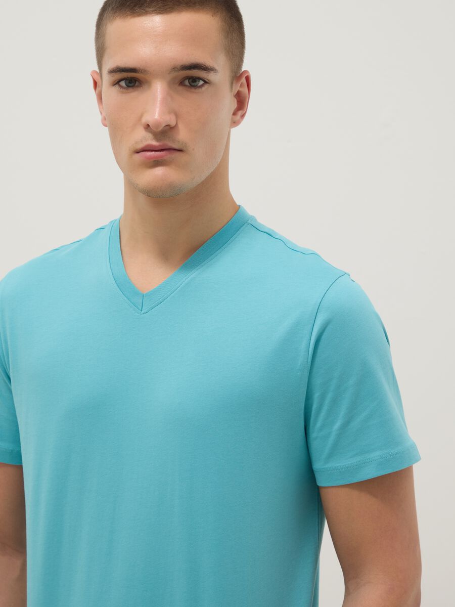 Light blue pure cotton V-neck t-shirt regular fit_3