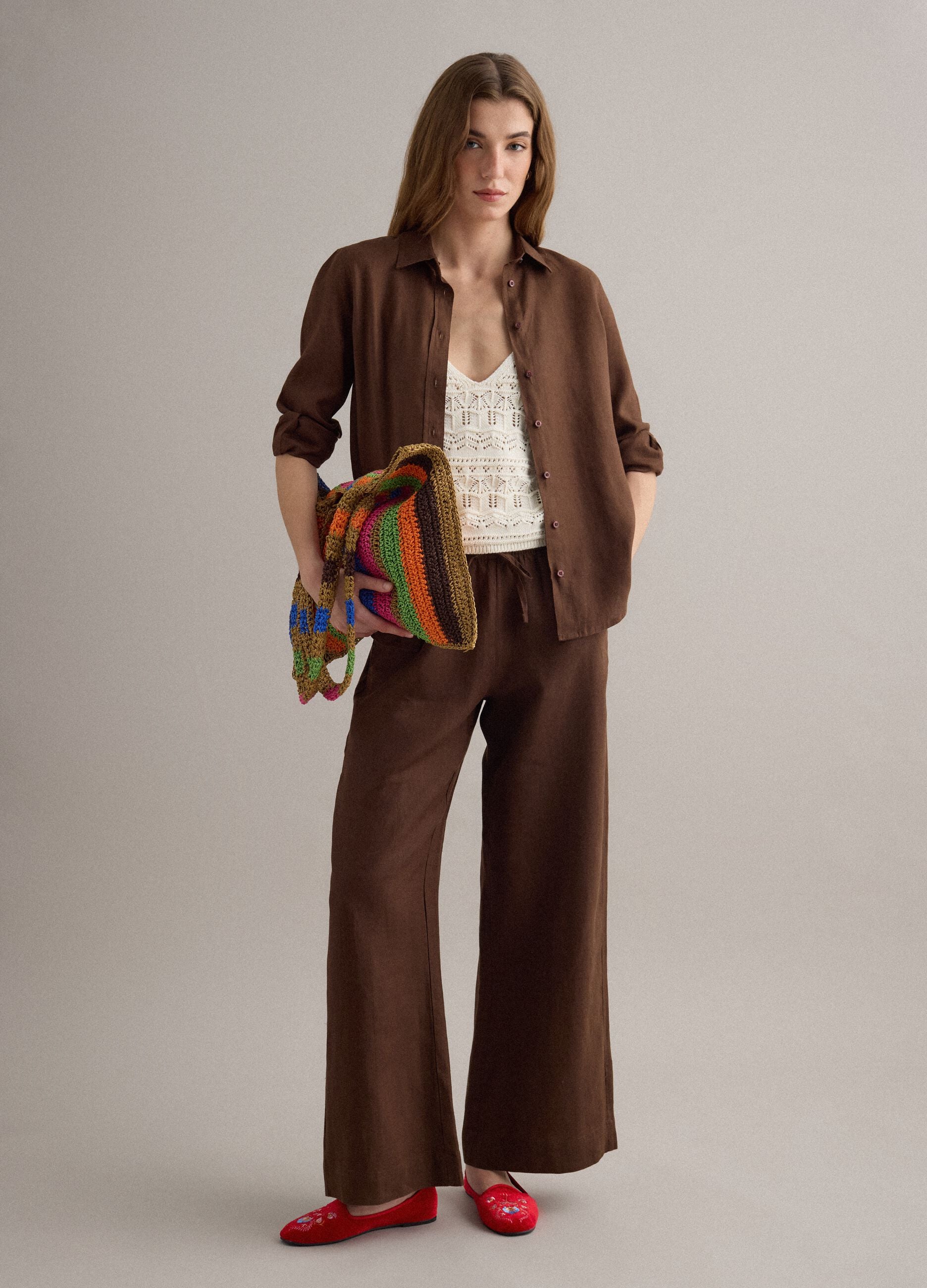 Brown pure linen drawstring trousers, straight fit