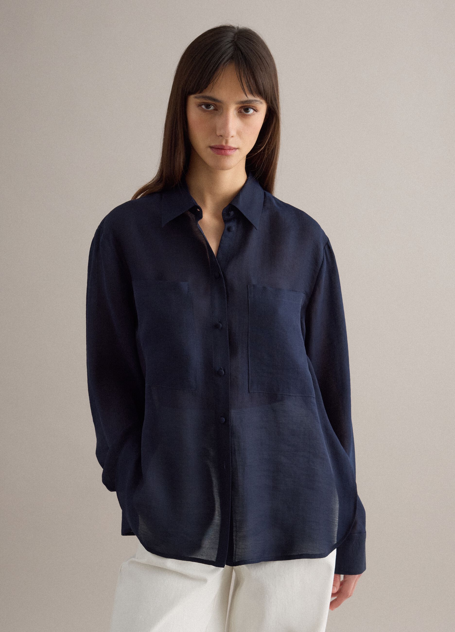 Blue long sleeve Lyocell shirt regular fit with classic collar