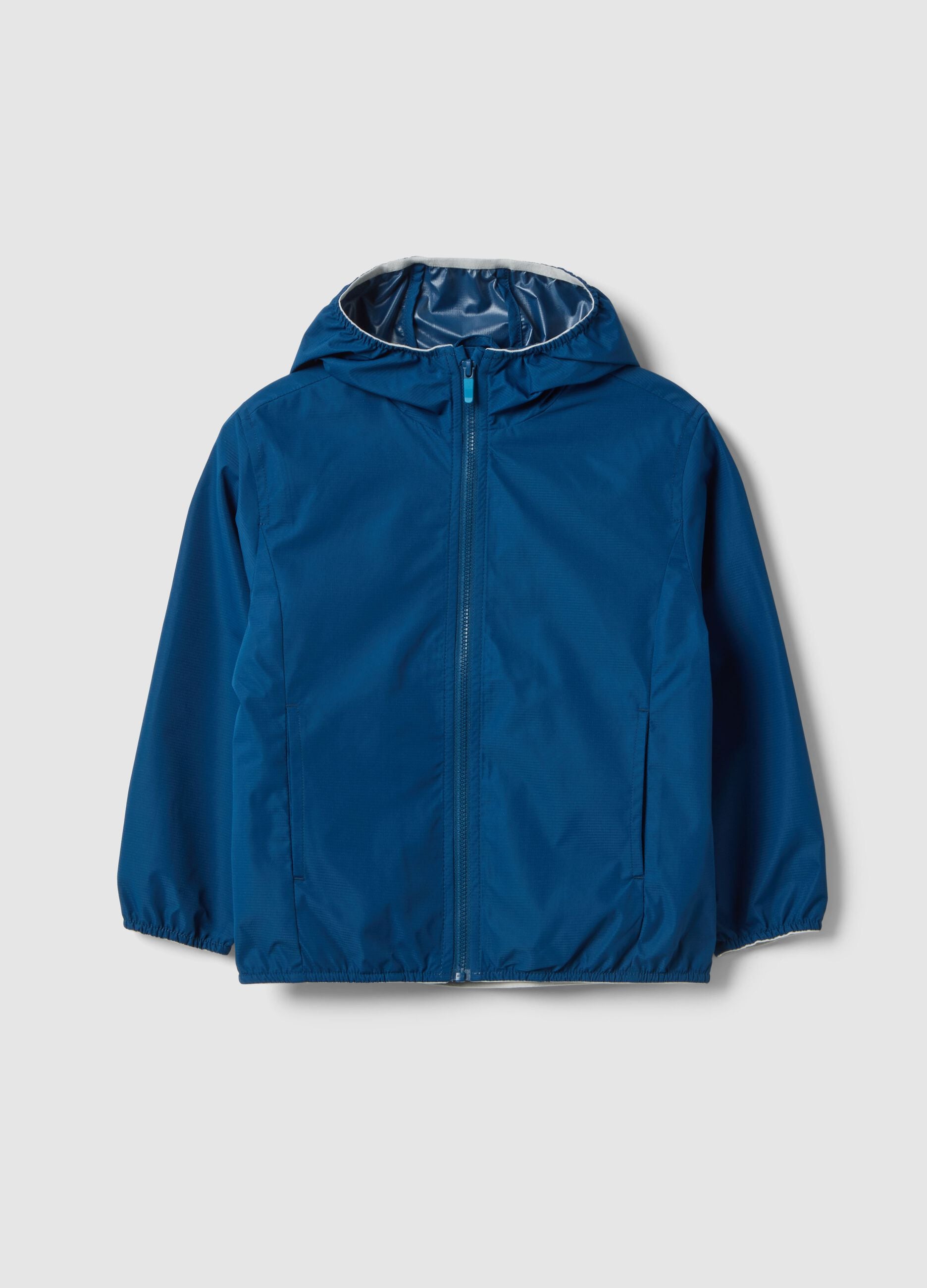 Blue waterproof regular fit jacket with hood and zip for kids