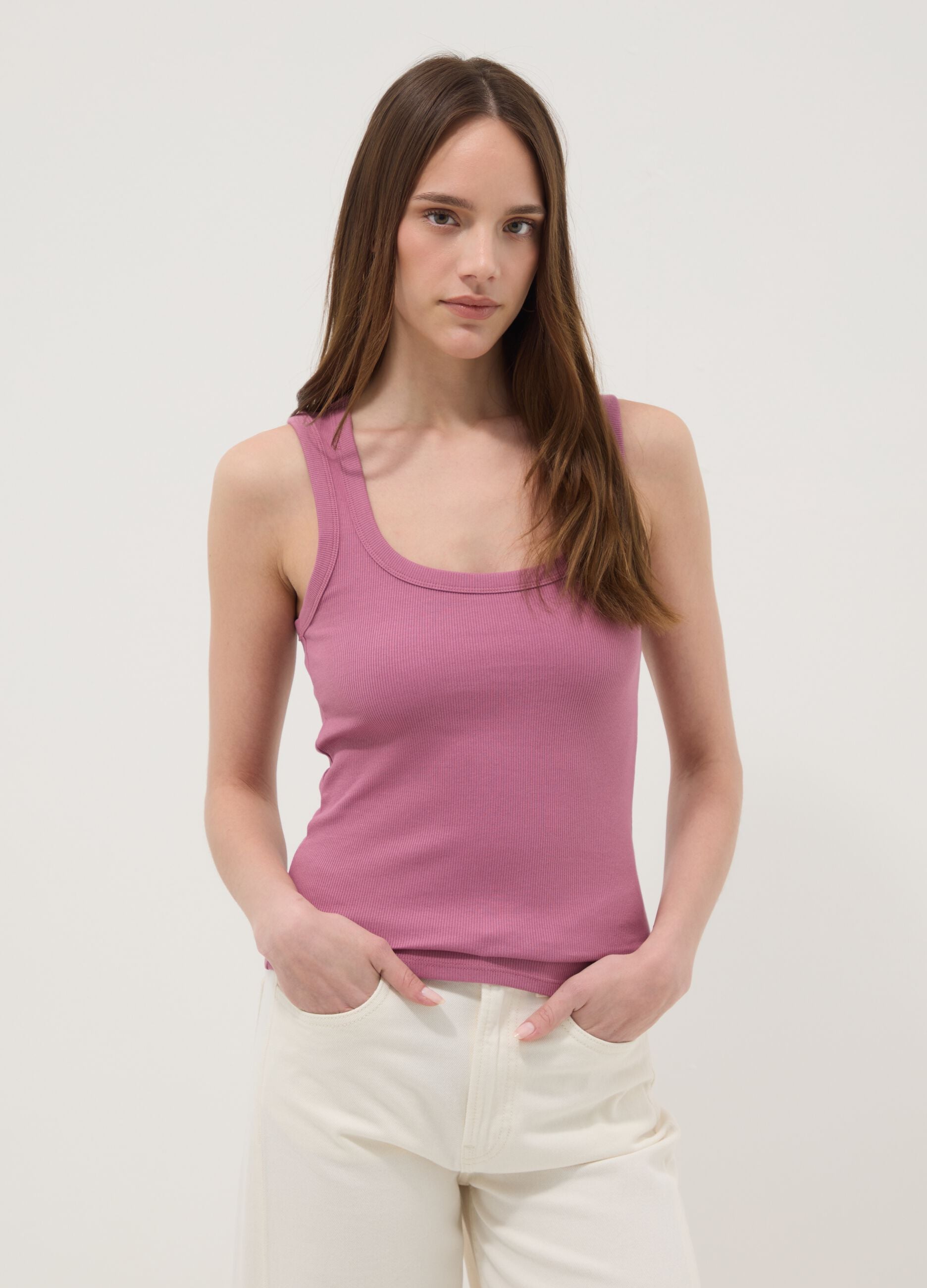Pink fitted stretch cotton tank top