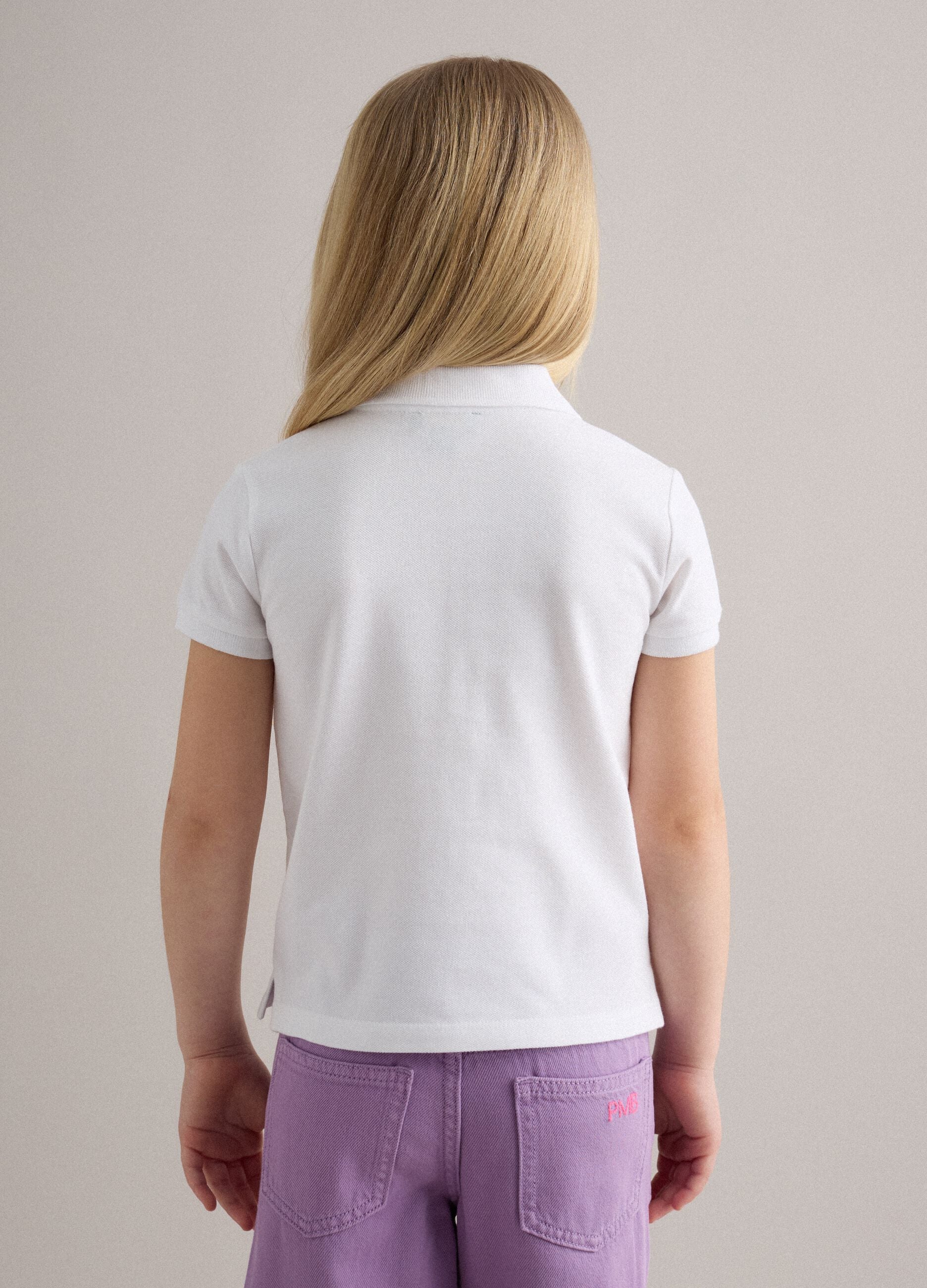 Girls' white pure cotton polo regular fit with embroidered flowers